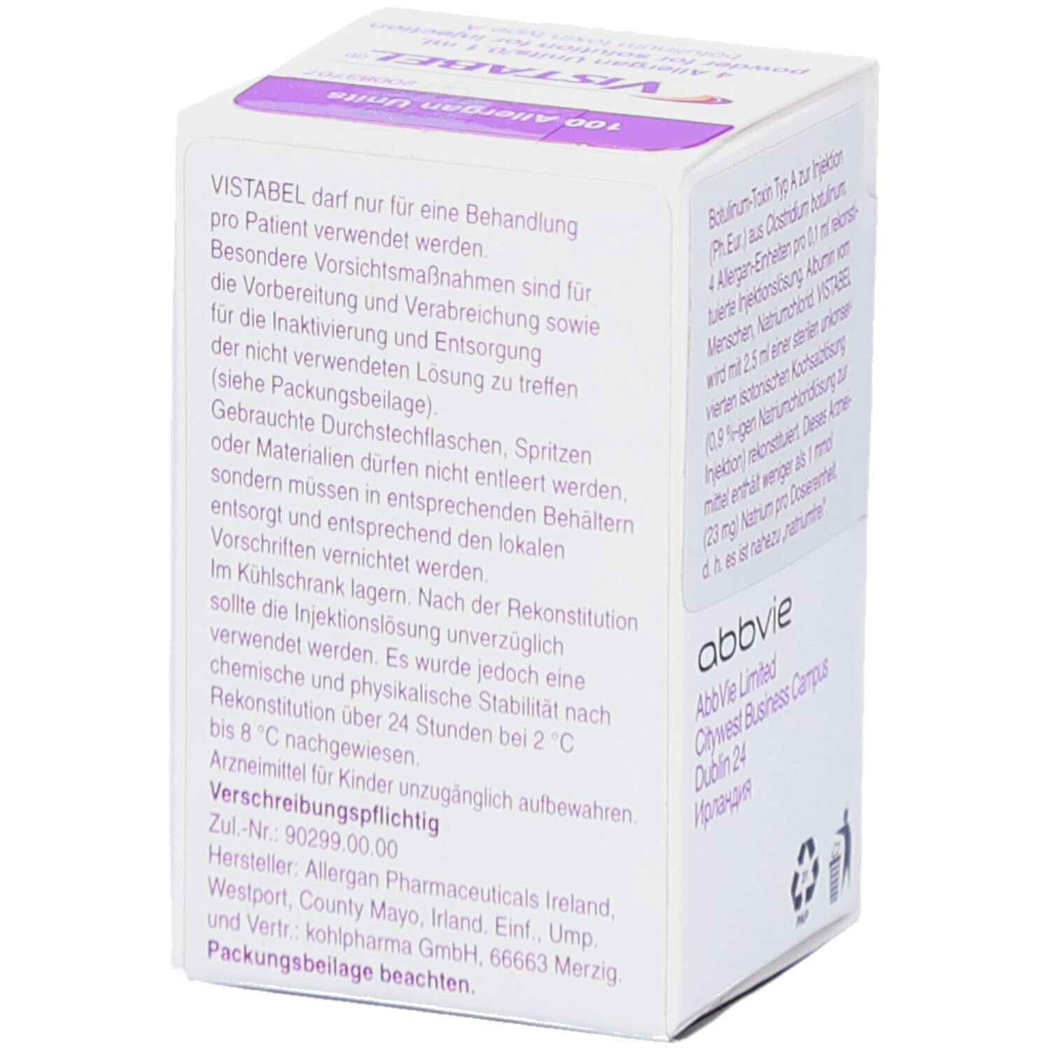 VISTABEL-Verpackung. Rückseite mit Text. Enthält Vorsichtsmaßnahmen und Lagerungshinweise. Logo 'abbvie' unten rechts.