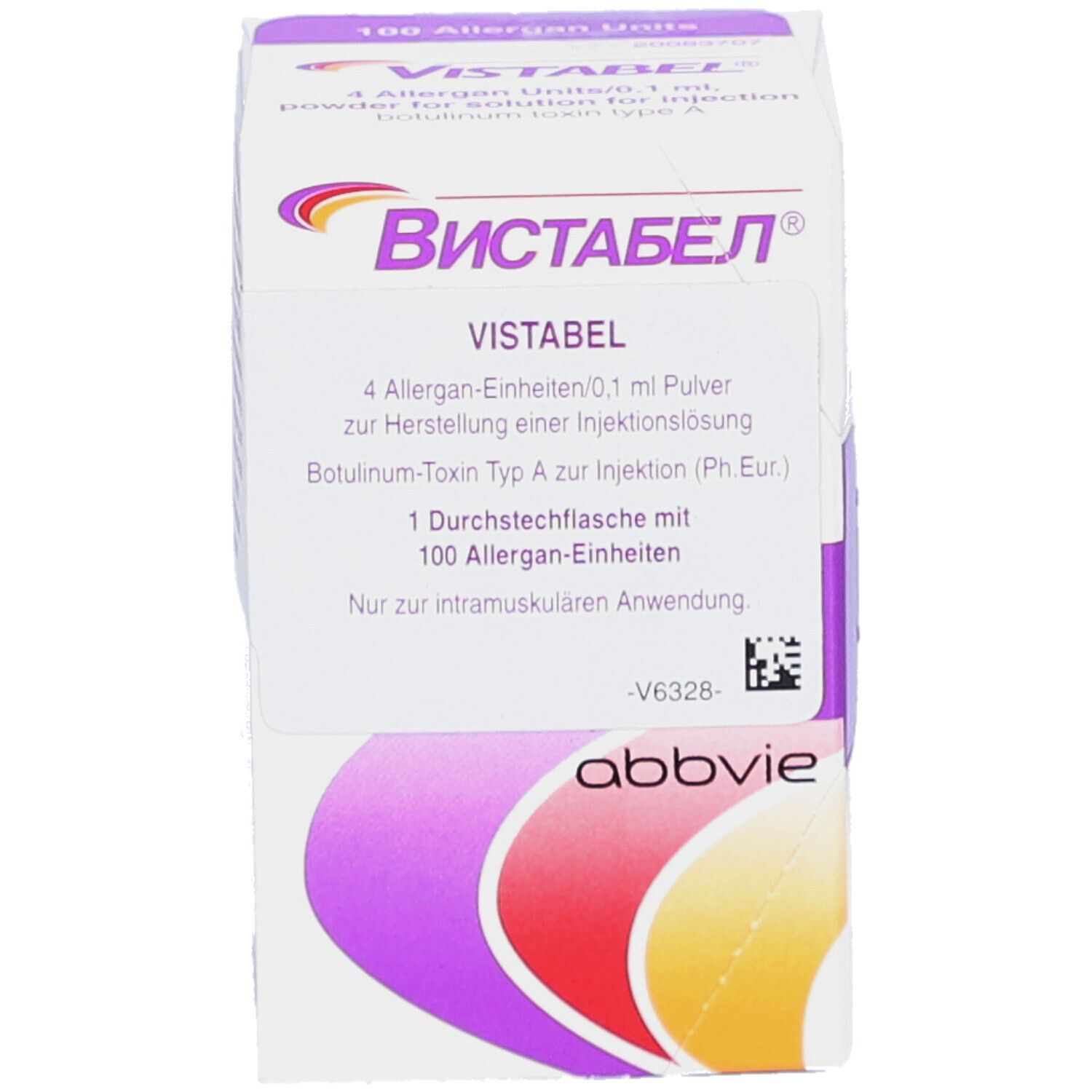VISTABEL-Verpackung. Vorderansicht. Weißer Karton mit lila Akzenten. Logo und Produktinformationen aufgedruckt.