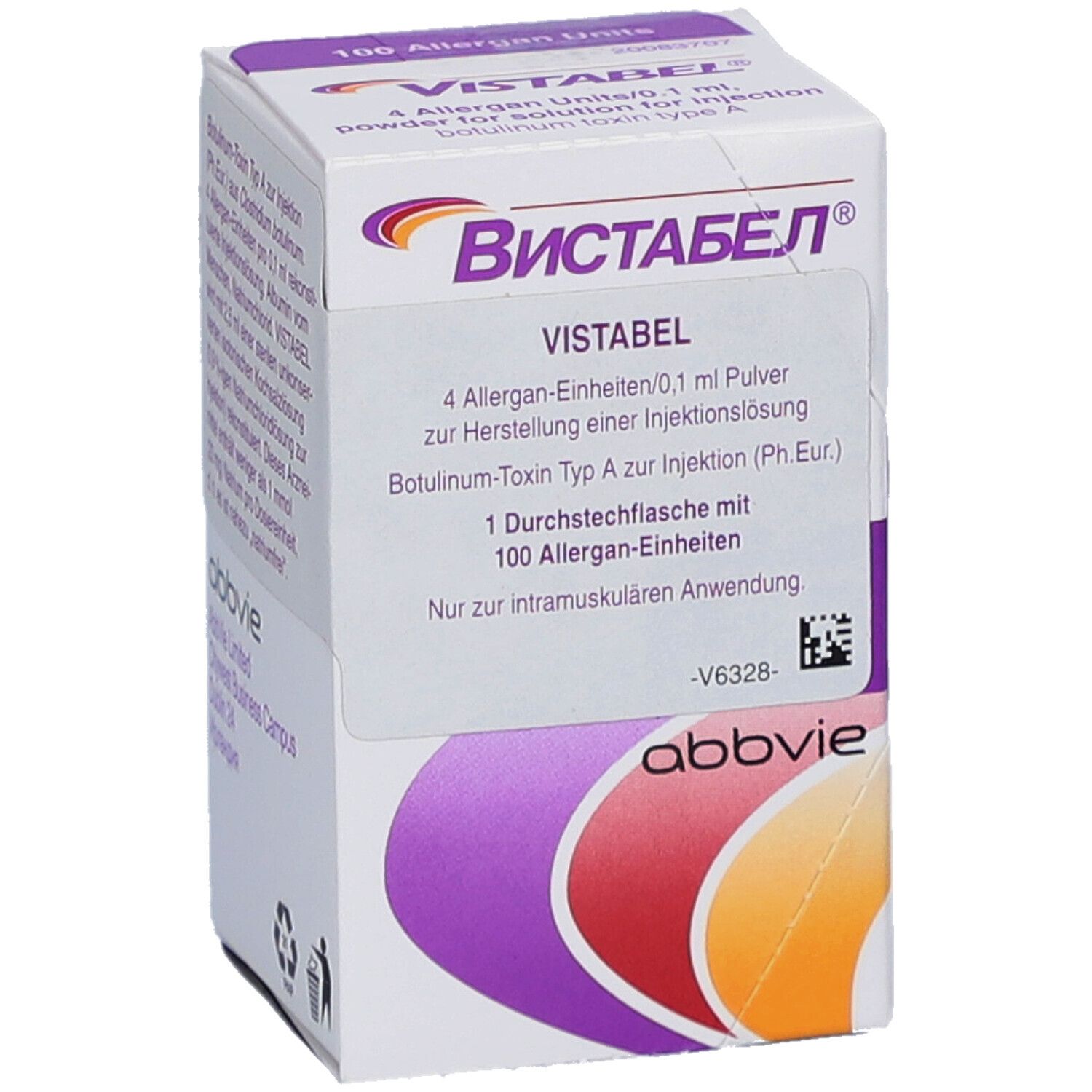 VISTABEL-Verpackung. Vorderansicht. Weißer Karton mit lila Akzenten. Logo und Produktinformationen aufgedruckt.