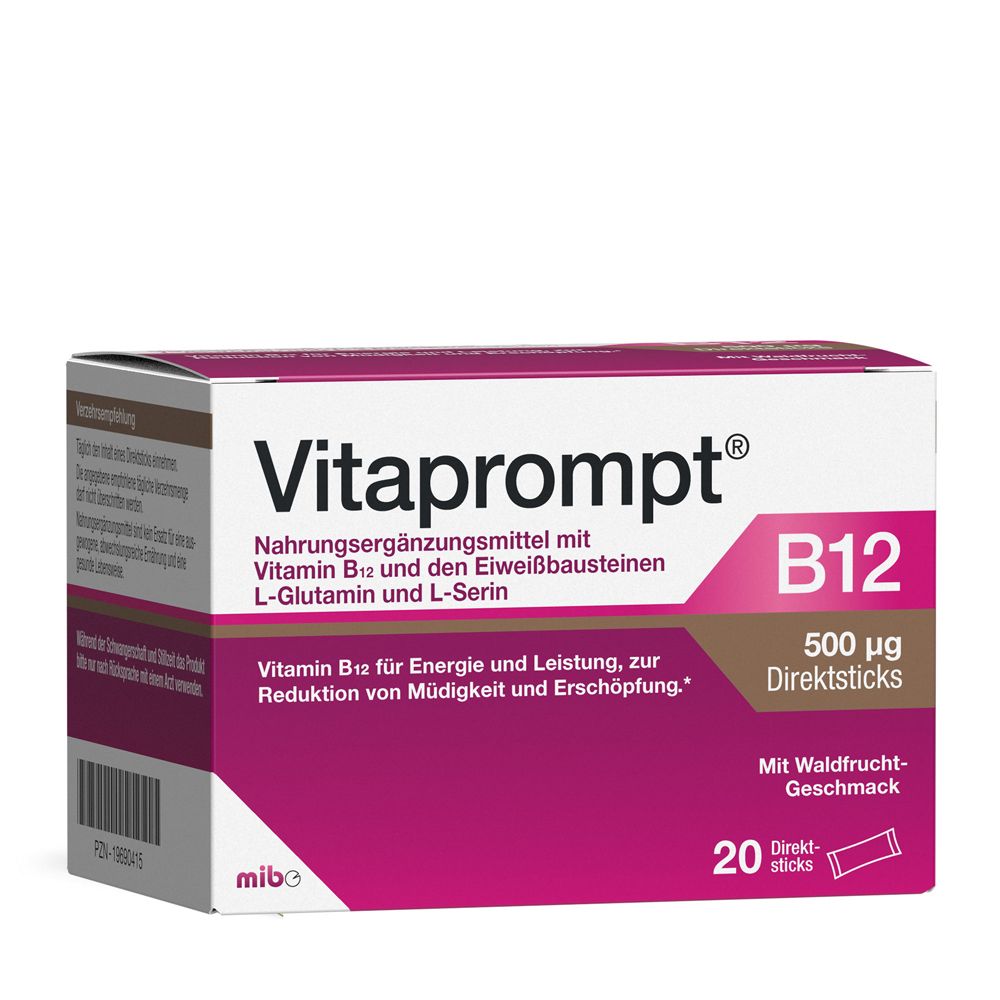 Vitaprompt B12-Packung. Rosa-weiße Schachtel mit Produktinformationen und 20 Direktsticks. Enthält Vitamin B12.