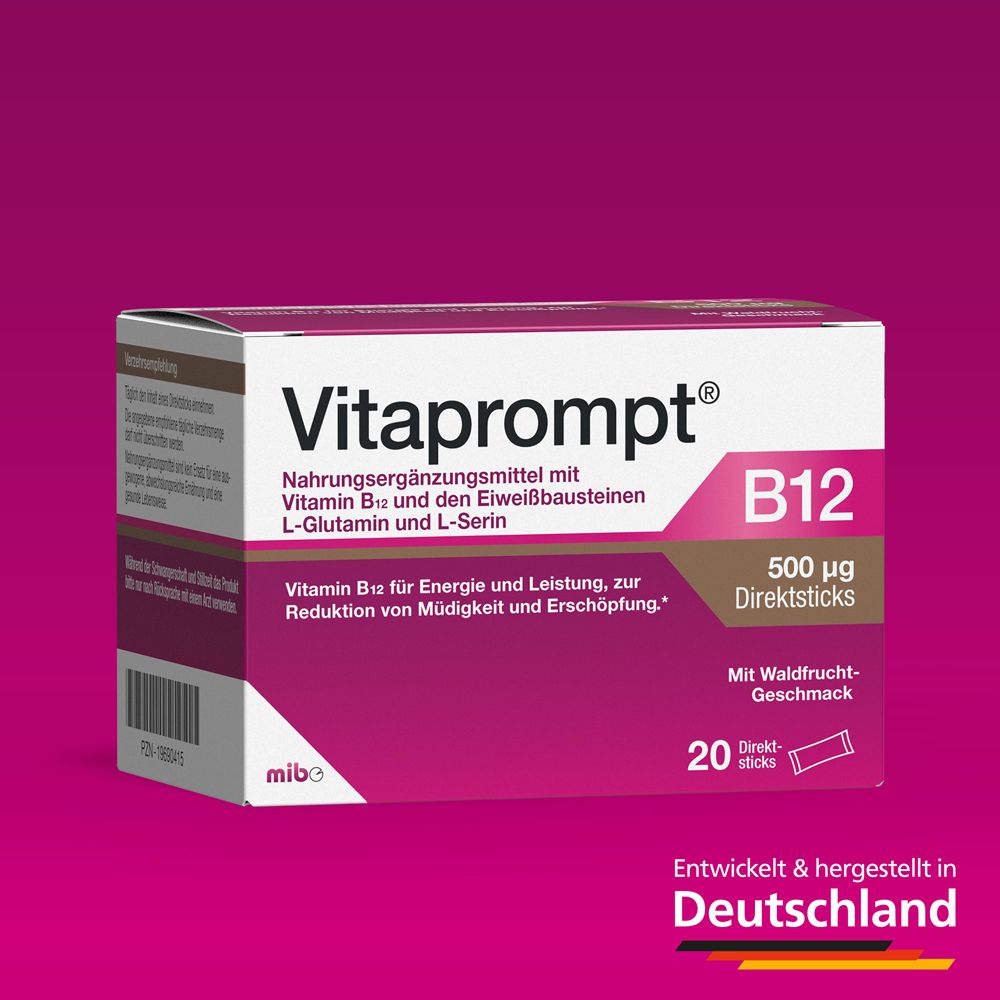 Vitaprompt B12-Packung. Rosa-weiße Schachtel mit Produktinformationen. Hergestellt in Deutschland.