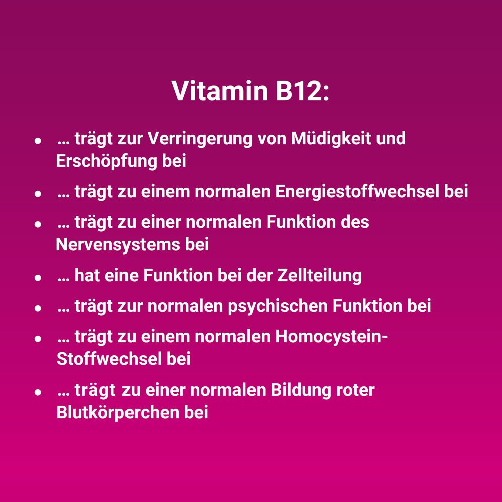 Informationen zu Vitamin B12. Auflistung der Vorteile für den Körper.