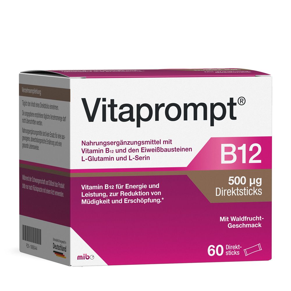 Schachtel mit Vitaprompt B12 Direktsticks. Enthält 60 Sticks. Aufschrift: B12 500 μg. Mit Waldfrucht-Geschmack.