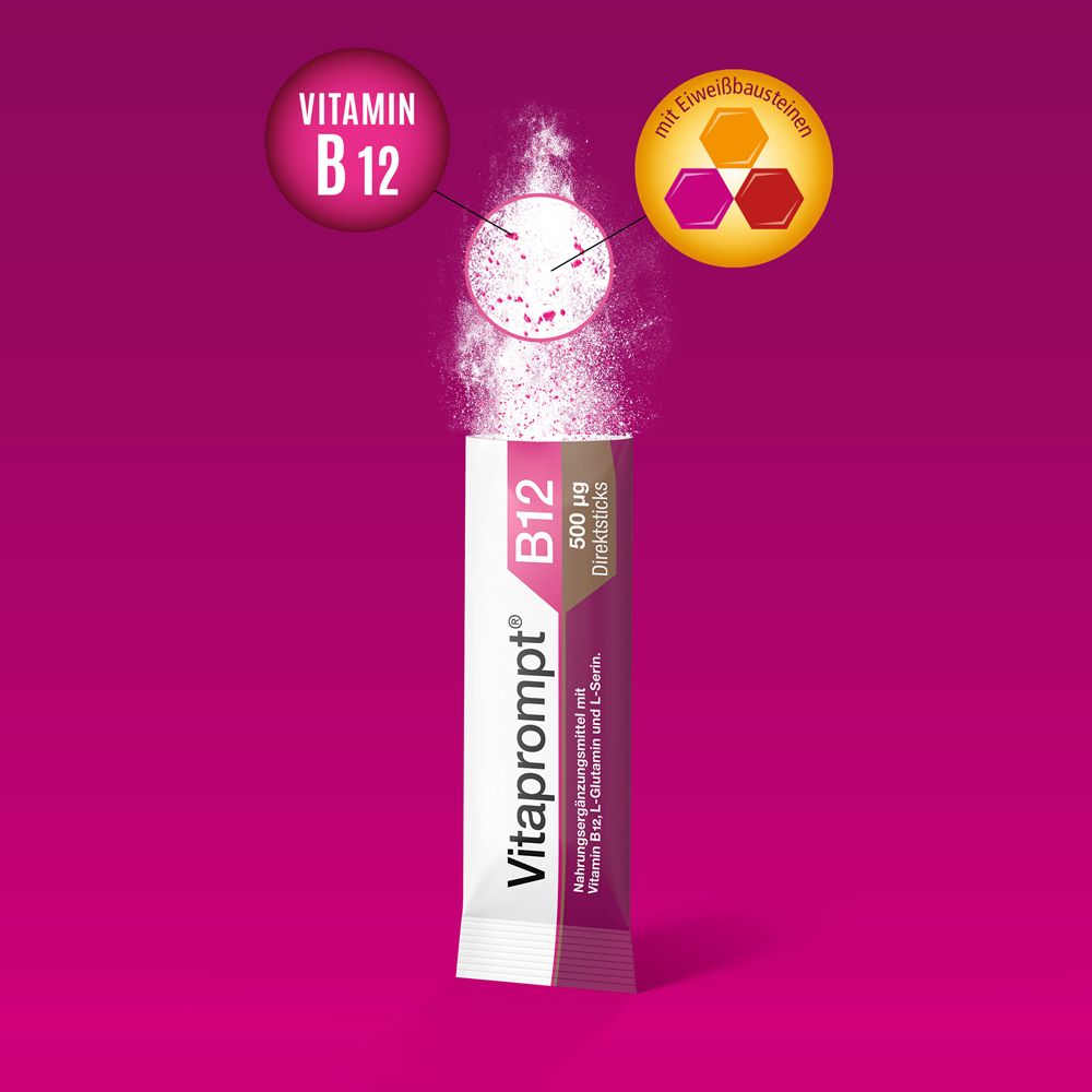 Direktstick mit Vitaprompt B12. Aufschrift: B12 500 μg. Mit L-Glutamin und L-Serin. Hintergrund: pink.