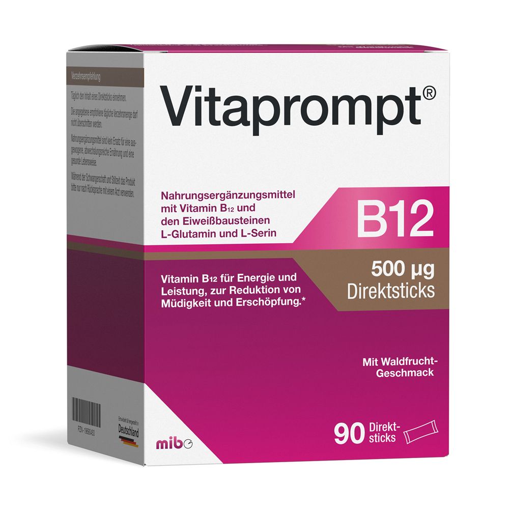 Karton von Vitaprompt® B12. Enthält 90 Direktsticks. Aufschrift: B12 500 μg Direktsticks. Mit Waldfrüchte-Geschmack.