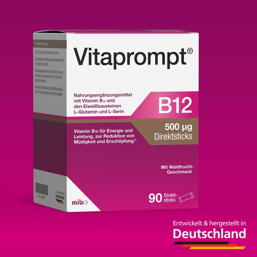 Karton von Vitaprompt® B12. Aufschrift: B12 500 μg Direktsticks. Mit Waldfrüchte-Geschmack. Hergestellt in Deutschland.