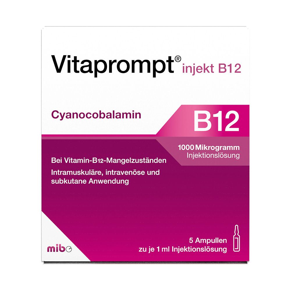 Verpackung von Vitaprompt injekt B12. Enthält 5 Ampullen. Aufschrift: Cyanocobalamin, B12, 1000 Mikrogramm Injektionslösung.