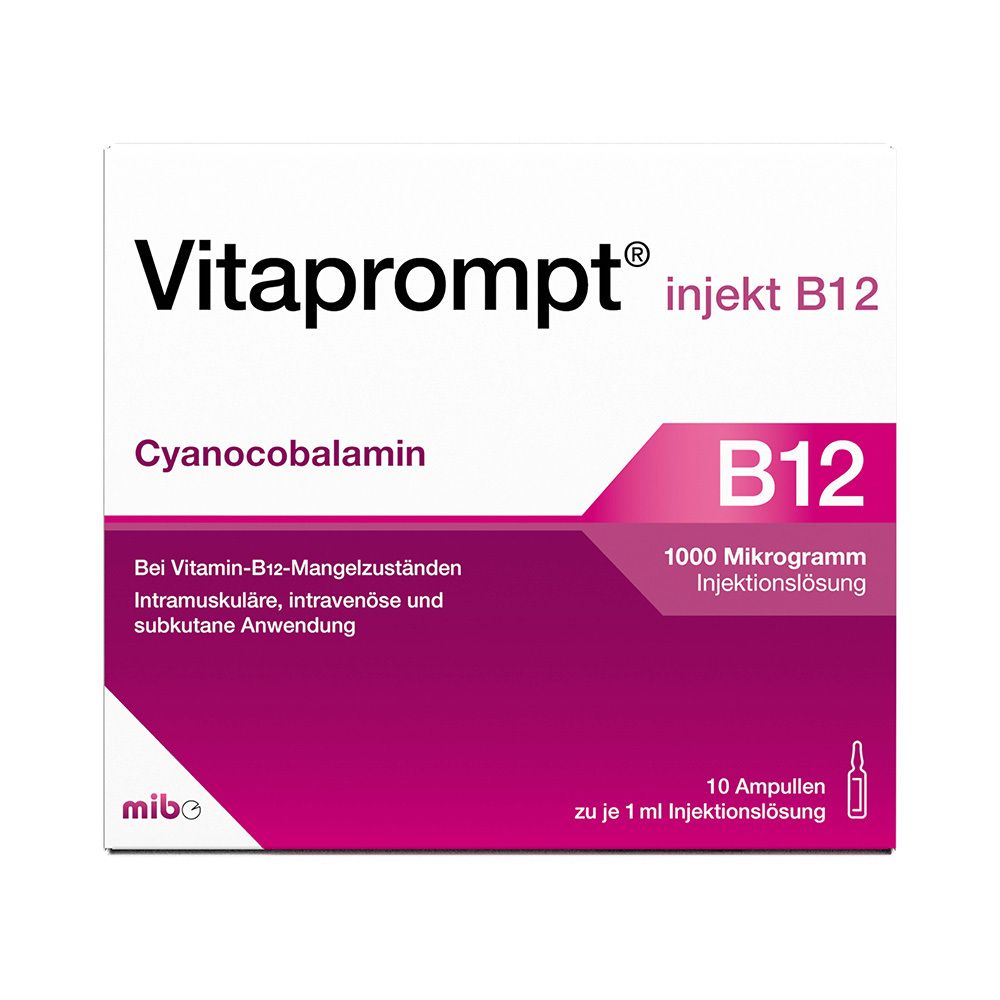 Verpackung von Vitaprompt injekt B12. Enthält Cyanocobalamin. 10 Ampullen. Rosa und weiße Farbgebung.