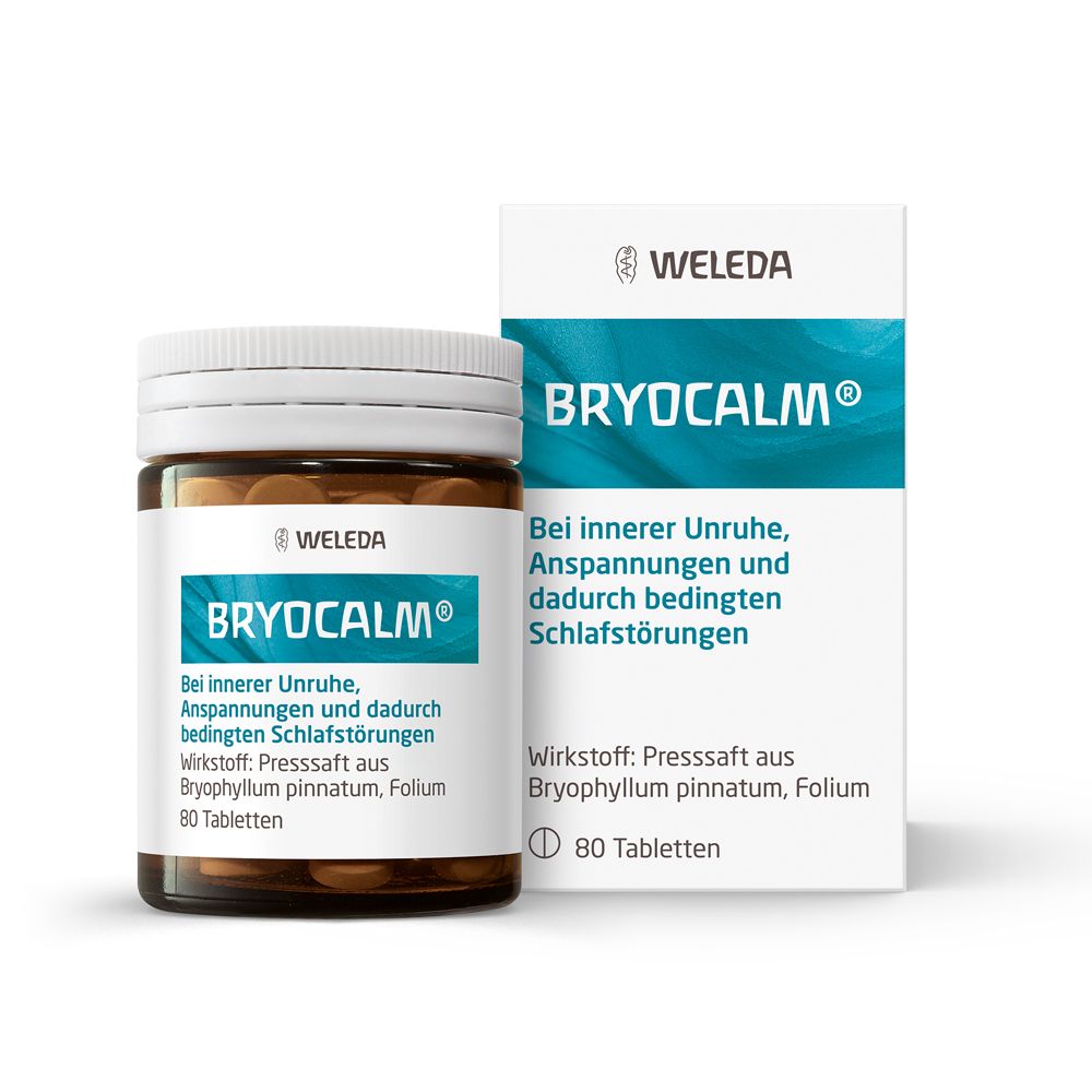 Bryocalm Tabletten von Weleda in Braunglasflasche und Faltschachtel. 80 Tabletten.