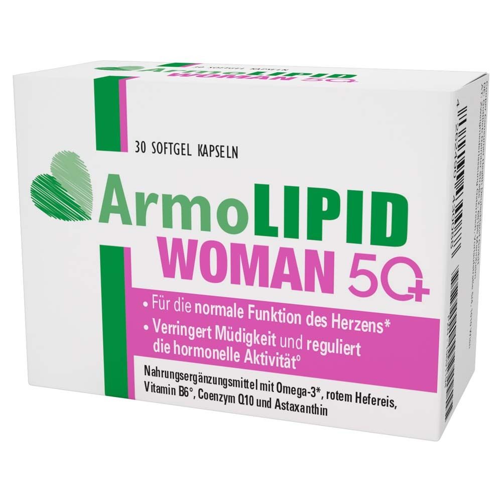 Weißer Karton mit grünem Herz-Logo und Schriftzug ArmoLIPID WOMAN 50+. Enthält 30 Softgel-Kapseln. Rosa Textzeile mit Produktinformationen.