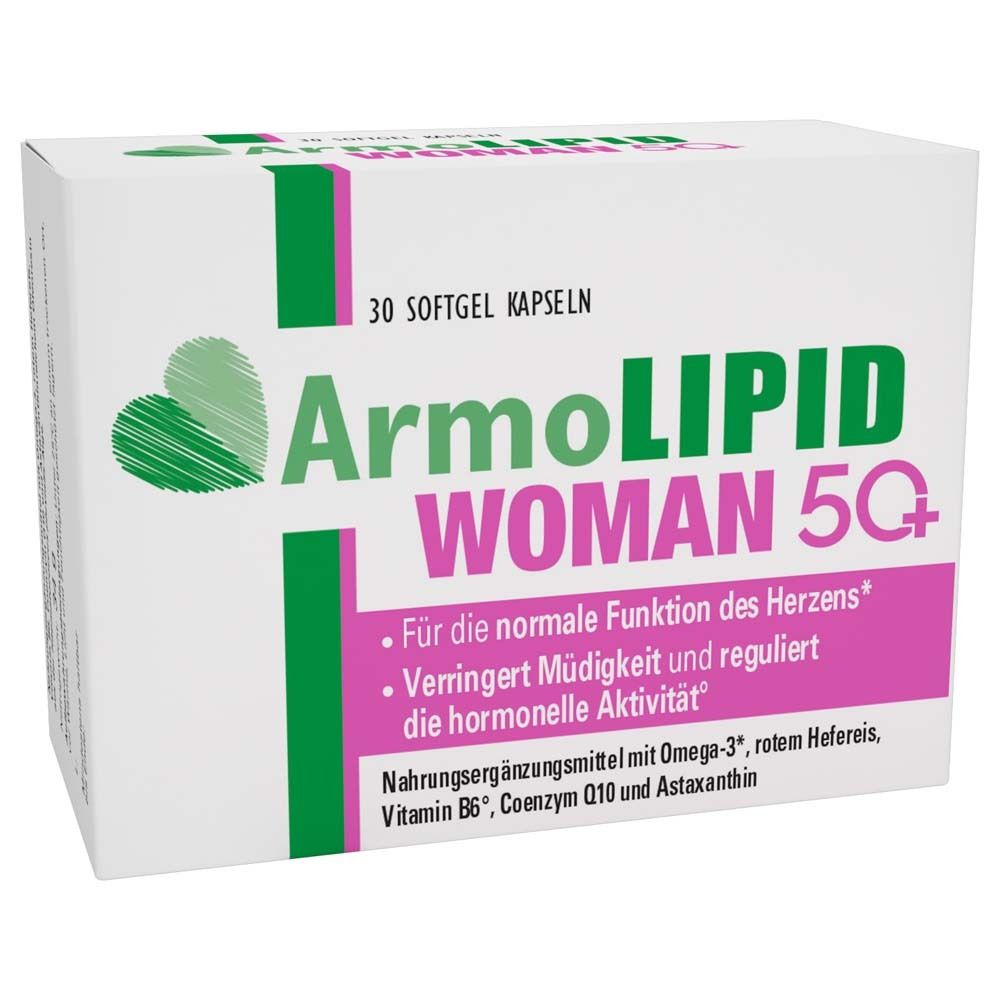 Weißer Karton mit grünem Herz-Logo und Schriftzug ArmoLIPID WOMAN 50+. Enthält 30 Softgel-Kapseln. Rosa Textzeile mit Produktinformationen.