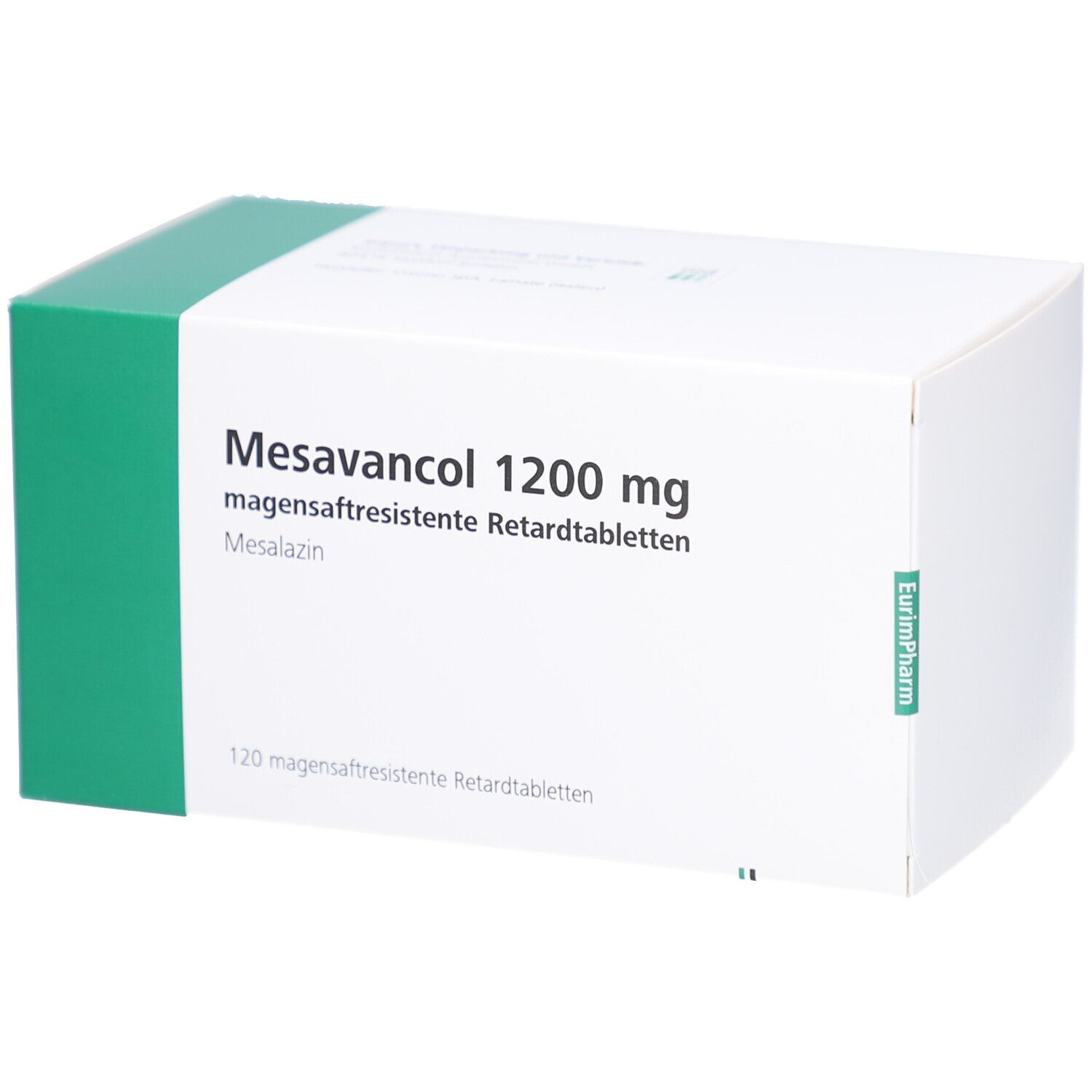 Weiße Schachtel mit grüner Ecke. Aufschrift: Mesavancol 1200 mg magensaftresistente Retardtabletten. Enthält 120 Tabletten.