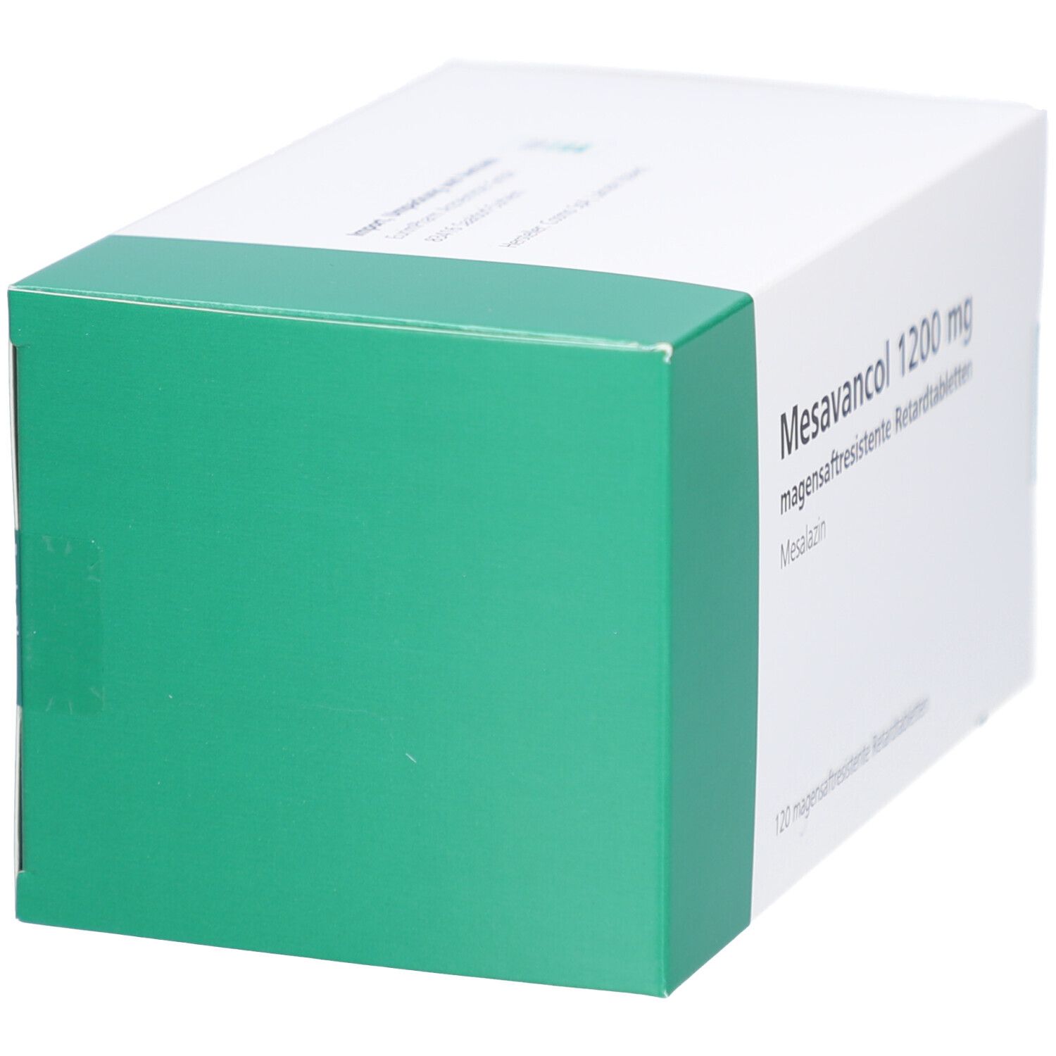 Weiße Schachtel mit grüner Ecke. Aufschrift: Mesavancol 1200 mg magensaftresistente Retardtabletten. Enthält 120 Tabletten.
