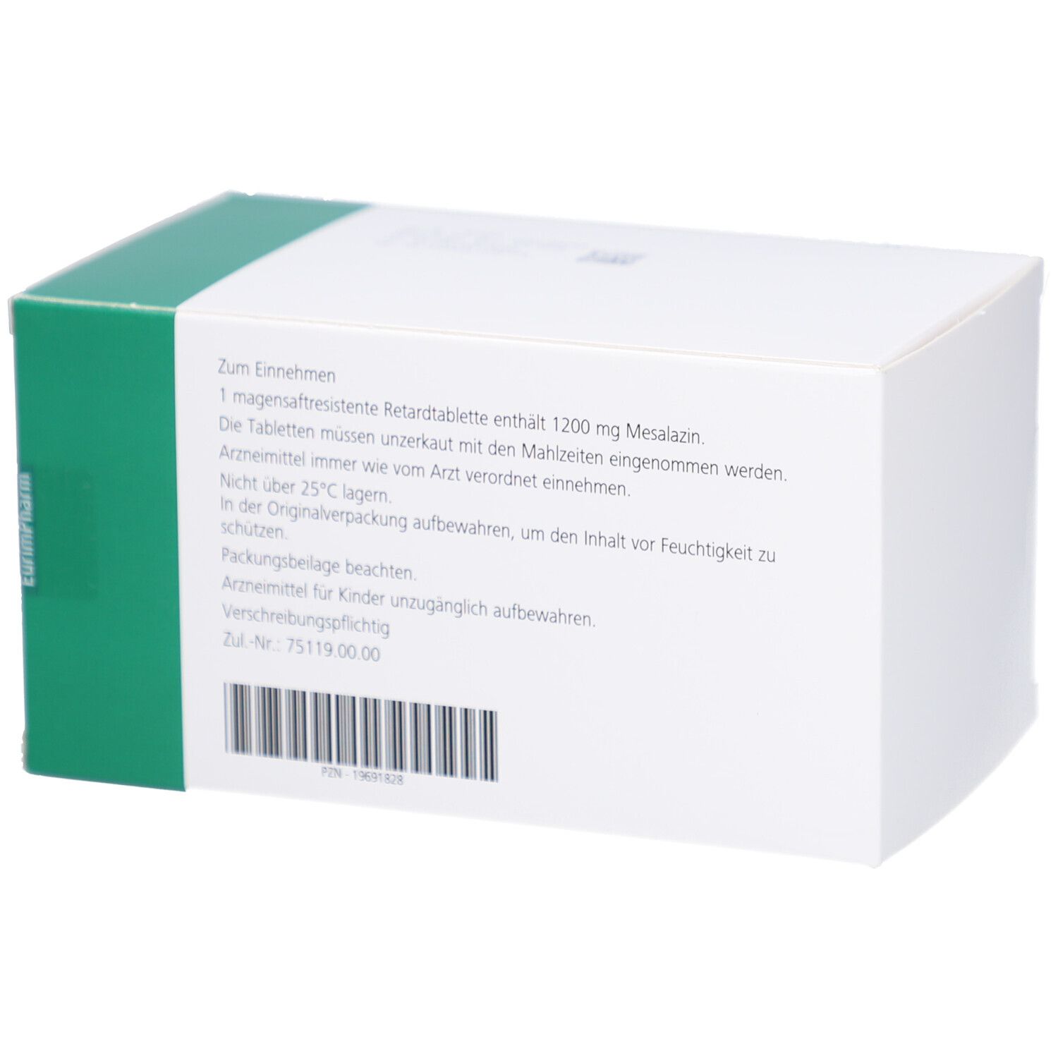 Weiße Schachtel mit grüner Ecke. Text auf Deutsch: Anwendungshinweise, Inhaltsstoffe, Chargennummer und Hersteller.