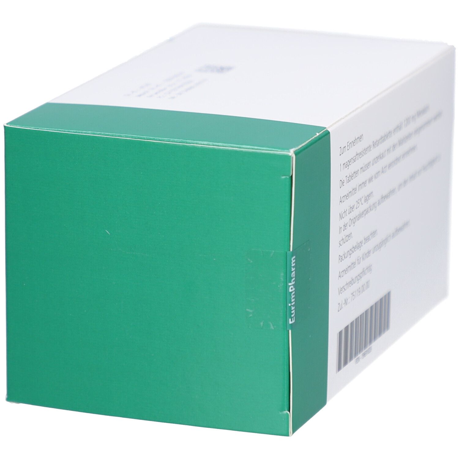 Weiße Schachtel mit grüner Ecke. Text auf Deutsch: Anwendungshinweise, Inhaltsstoffe, Chargennummer und Hersteller.