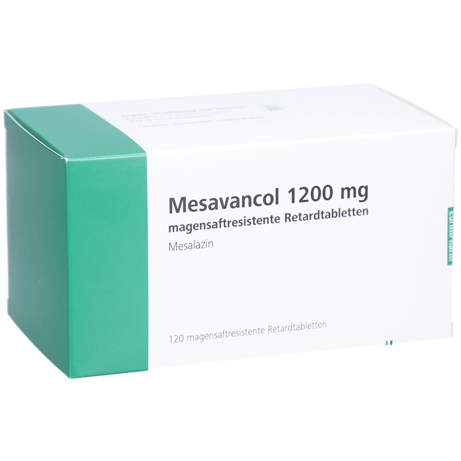 Weiße Schachtel mit grüner Ecke. Aufschrift: Mesavancol 1200 mg magensaftresistente Retardtabletten. Enthält 120 Tabletten.
