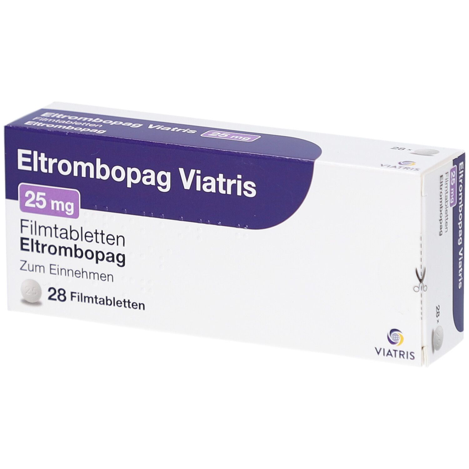 Schachtel mit Eltrombopag Viatris 25 mg Filmtabletten. Aufschrift: 28 Filmtabletten. Viatris Logo.