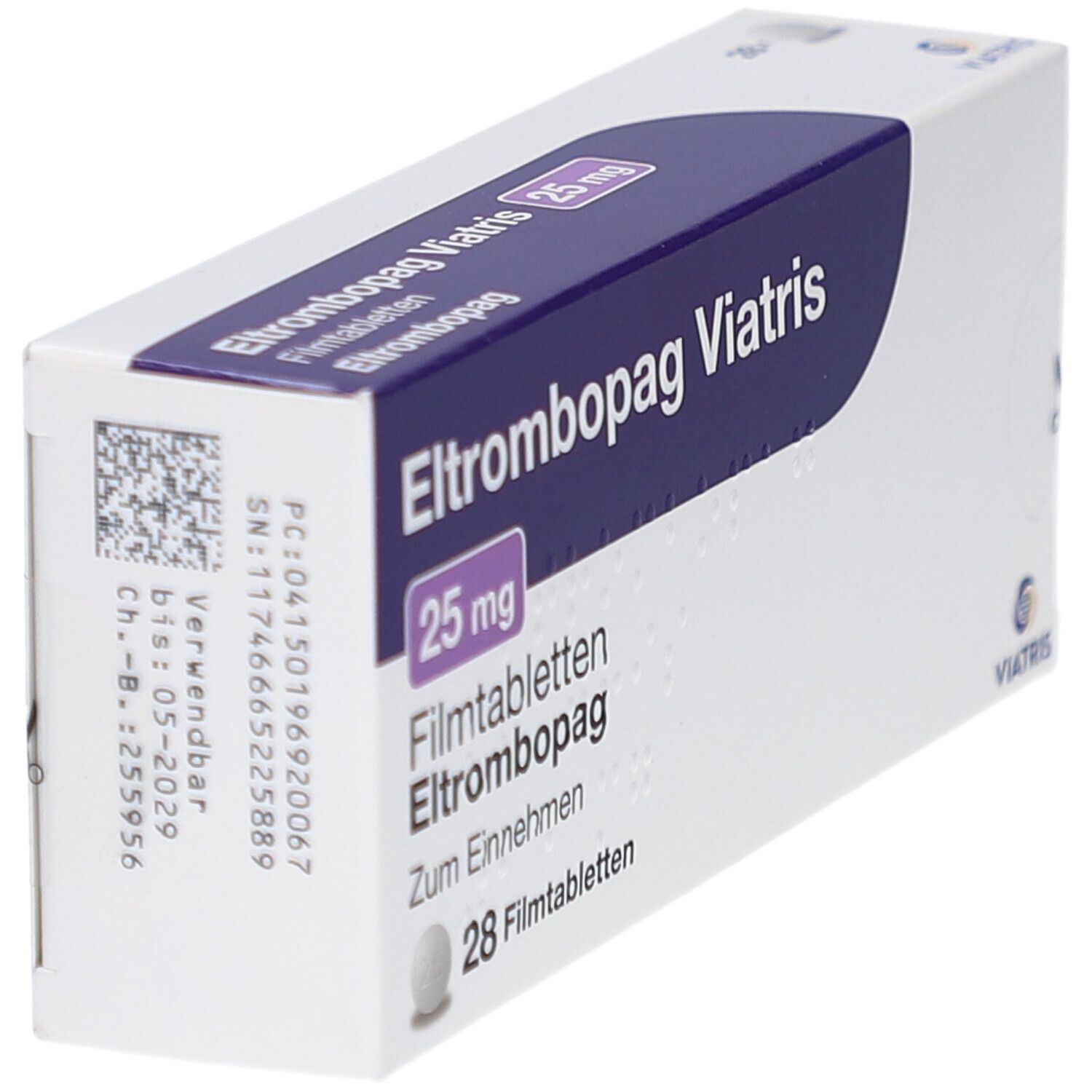 Schachtel mit Eltrombopag Viatris 25 mg Filmtabletten. Aufschrift: 28 Filmtabletten. Barcode und weitere Informationen.