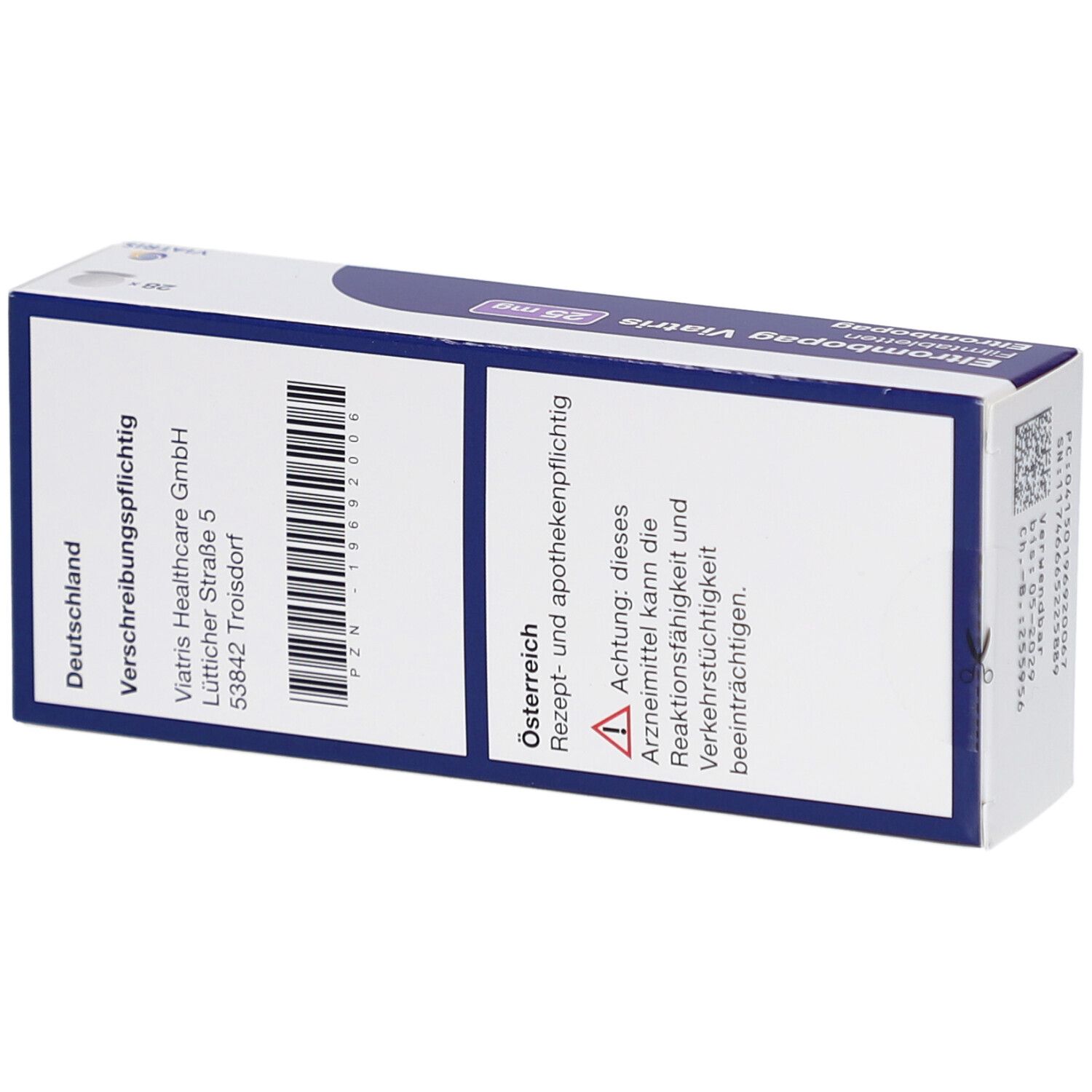 Rückseite der Schachtel mit Eltrombopag Viatris. Text: Beschreibungspflichtig, Viatris Healthcare GmbH. Barcode.