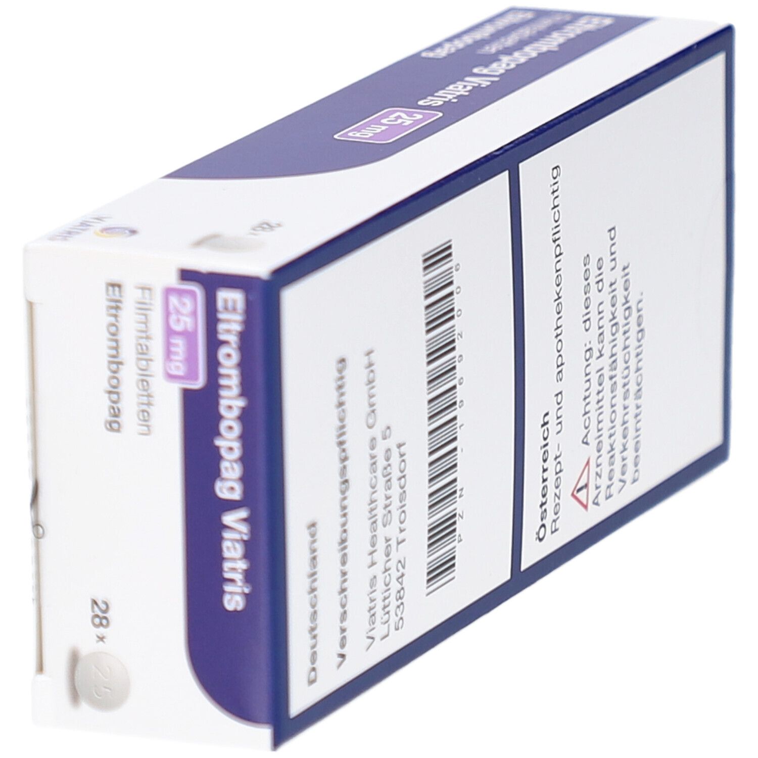 Schachtel mit Eltrombopag Viatris 25 mg Filmtabletten. Aufschrift: 28 Filmtabletten. Rückseite mit Barcode und Text.