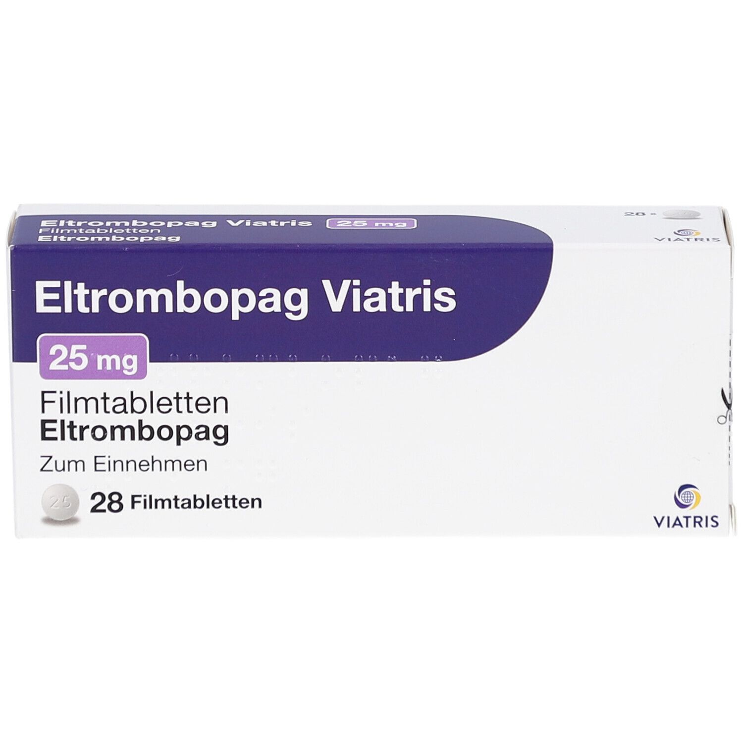 Schachtel mit Eltrombopag Viatris 25 mg Filmtabletten. Aufschrift: 28 Filmtabletten. Viatris Logo.