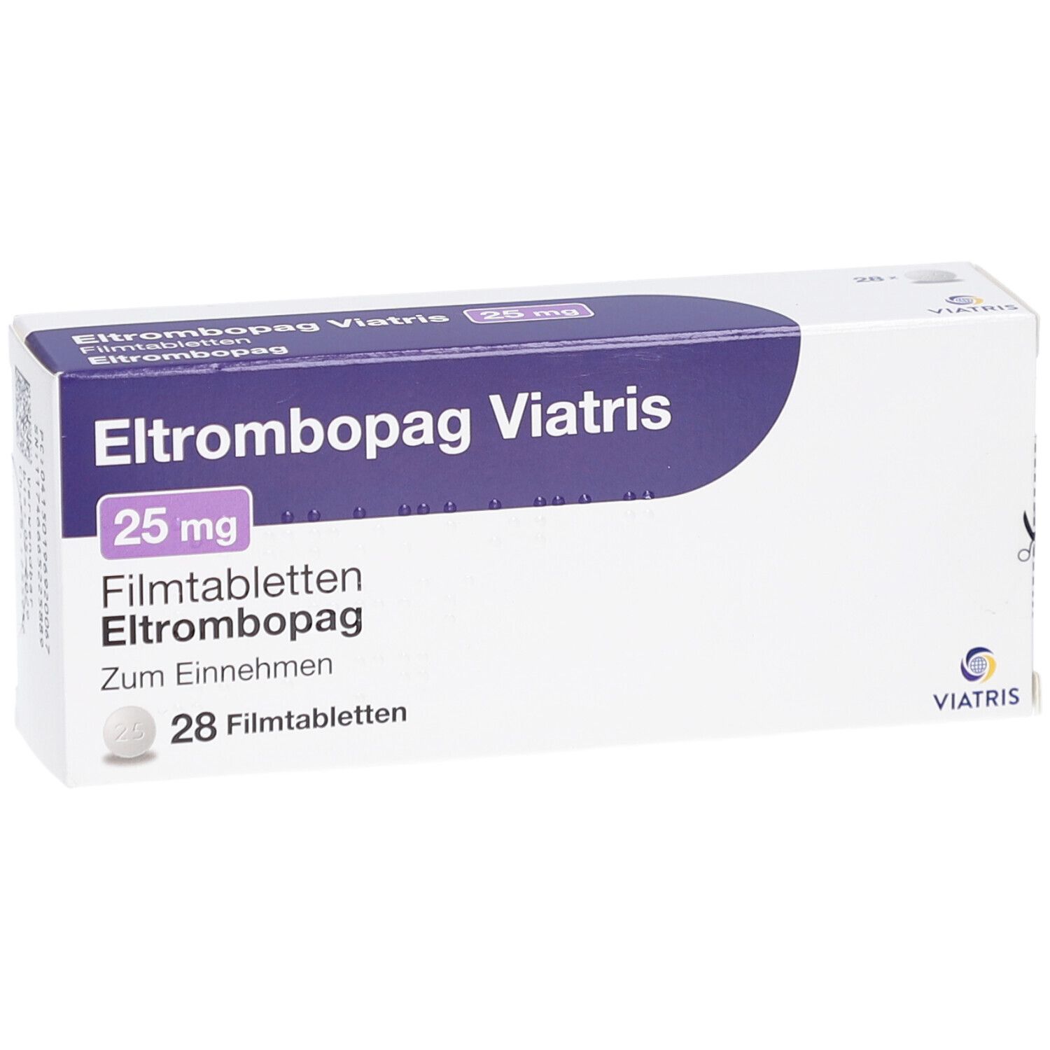 Schachtel mit Eltrombopag Viatris 25 mg Filmtabletten. Aufschrift: 28 Filmtabletten. Viatris Logo.