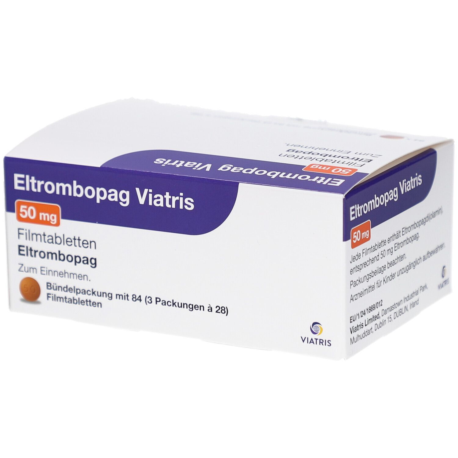 Schachtel mit ELTROMBOPAG Viatris 50 mg Filmtabletten. Aufschrift: Eltrombopag Viatris, 50 mg, Filmtabletten. Packung mit 84 Tabletten.