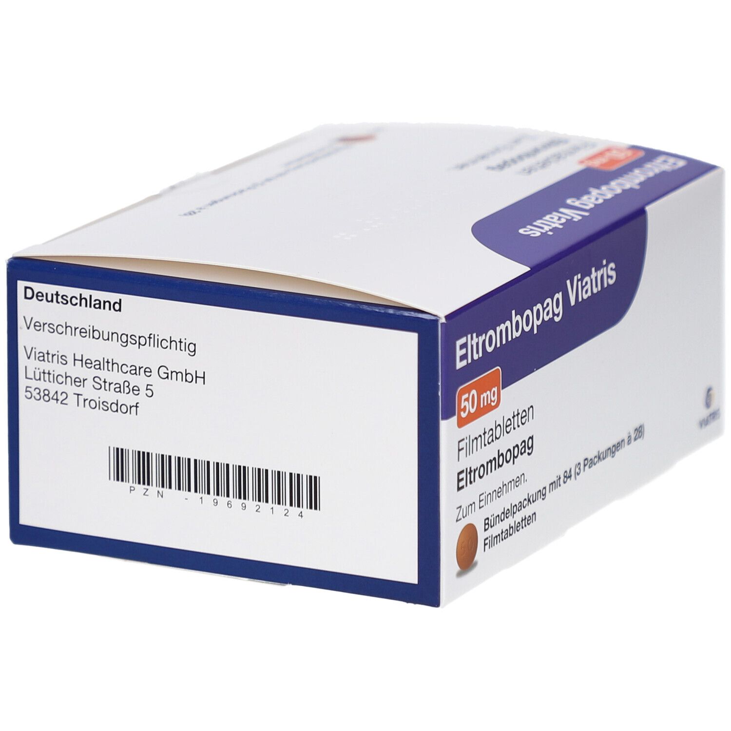 Schachtel mit ELTROMBOPAG Viatris 50 mg Filmtabletten. Aufschrift: Eltrombopag Viatris, 50 mg, Filmtabletten. Informationen zu Deutschland und Viatris Healthcare GmbH.