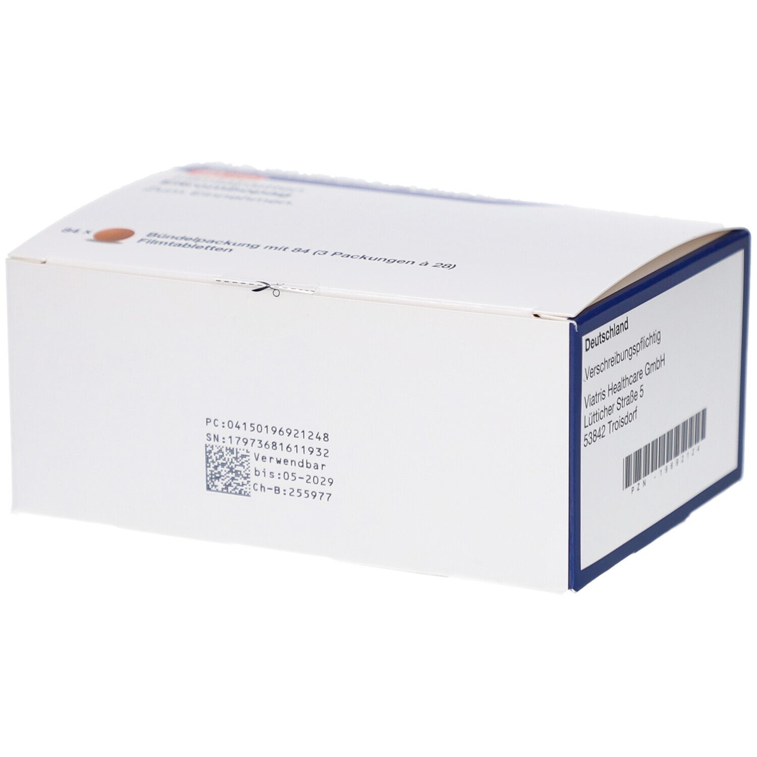 Rückseite der Schachtel mit ELTROMBOPAG Viatris 50 mg Filmtabletten. Informationen zu Viatris Healthcare GmbH und Verfallsdatum.