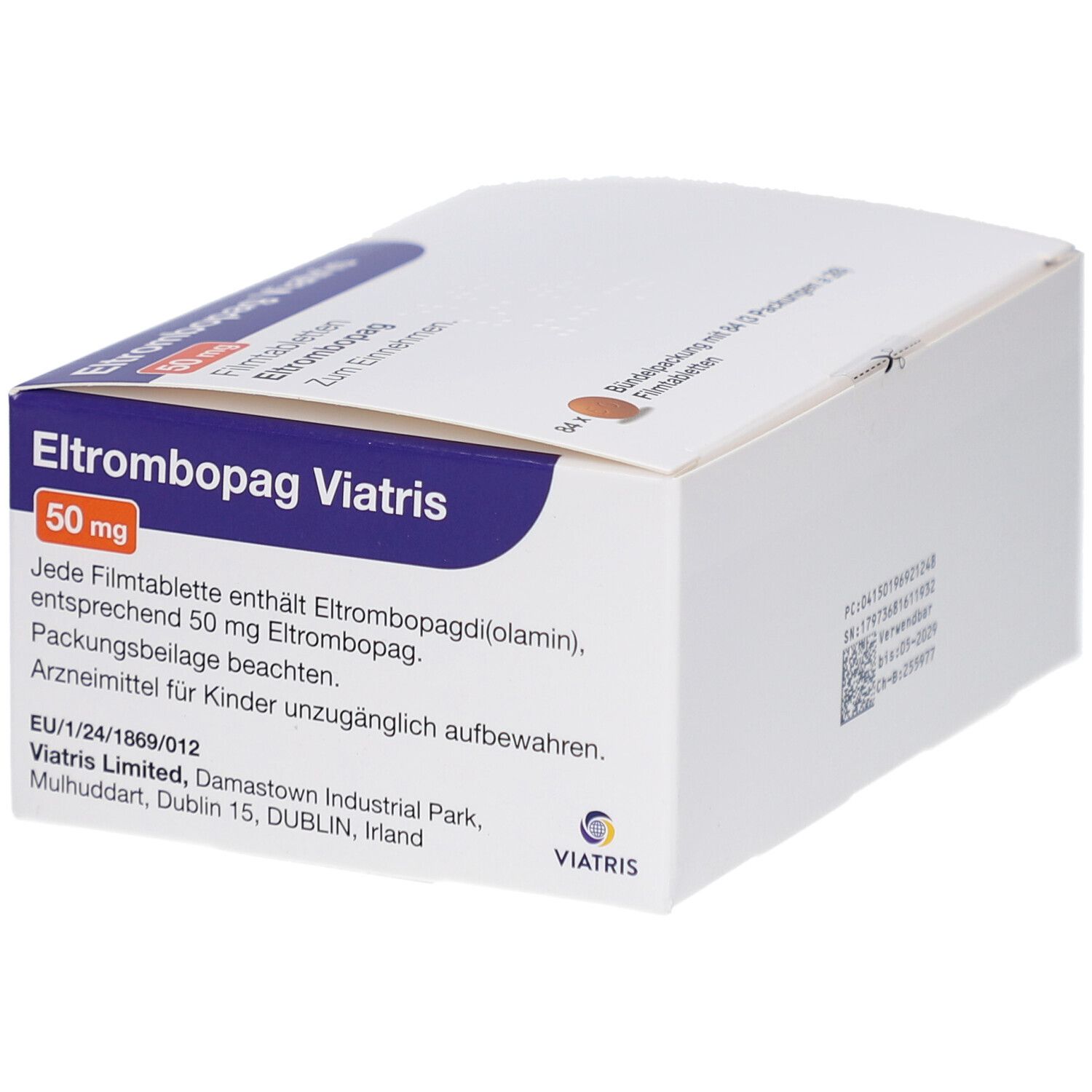 Schachtel mit ELTROMBOPAG Viatris 50 mg Filmtabletten. Aufschrift: Eltrombopag Viatris, 50 mg, Filmtabletten. Informationen zu Inhaltsstoffen und Hersteller.