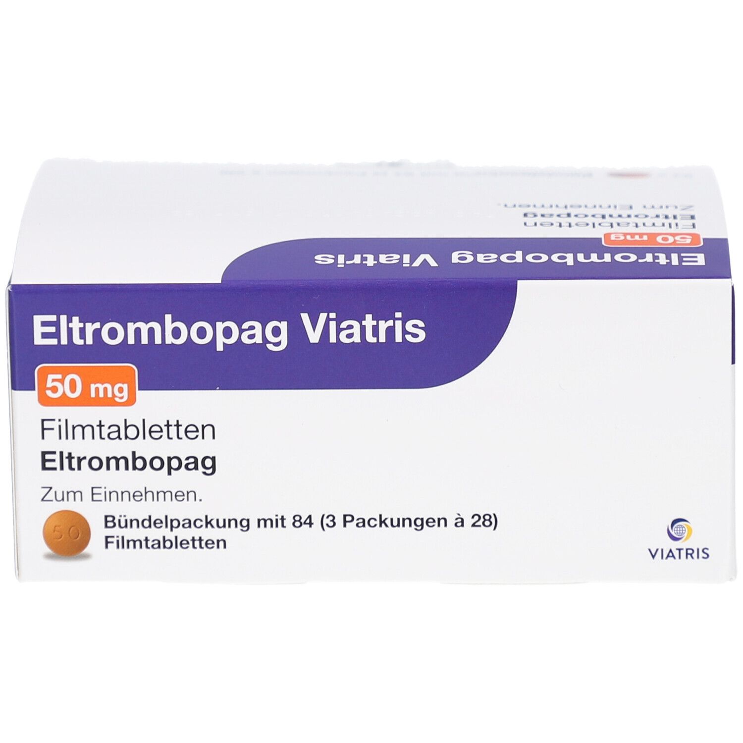 Schachtel mit ELTROMBOPAG Viatris 50 mg Filmtabletten. Aufschrift: Eltrombopag Viatris, 50 mg, Filmtabletten. Packung mit 84 Tabletten.