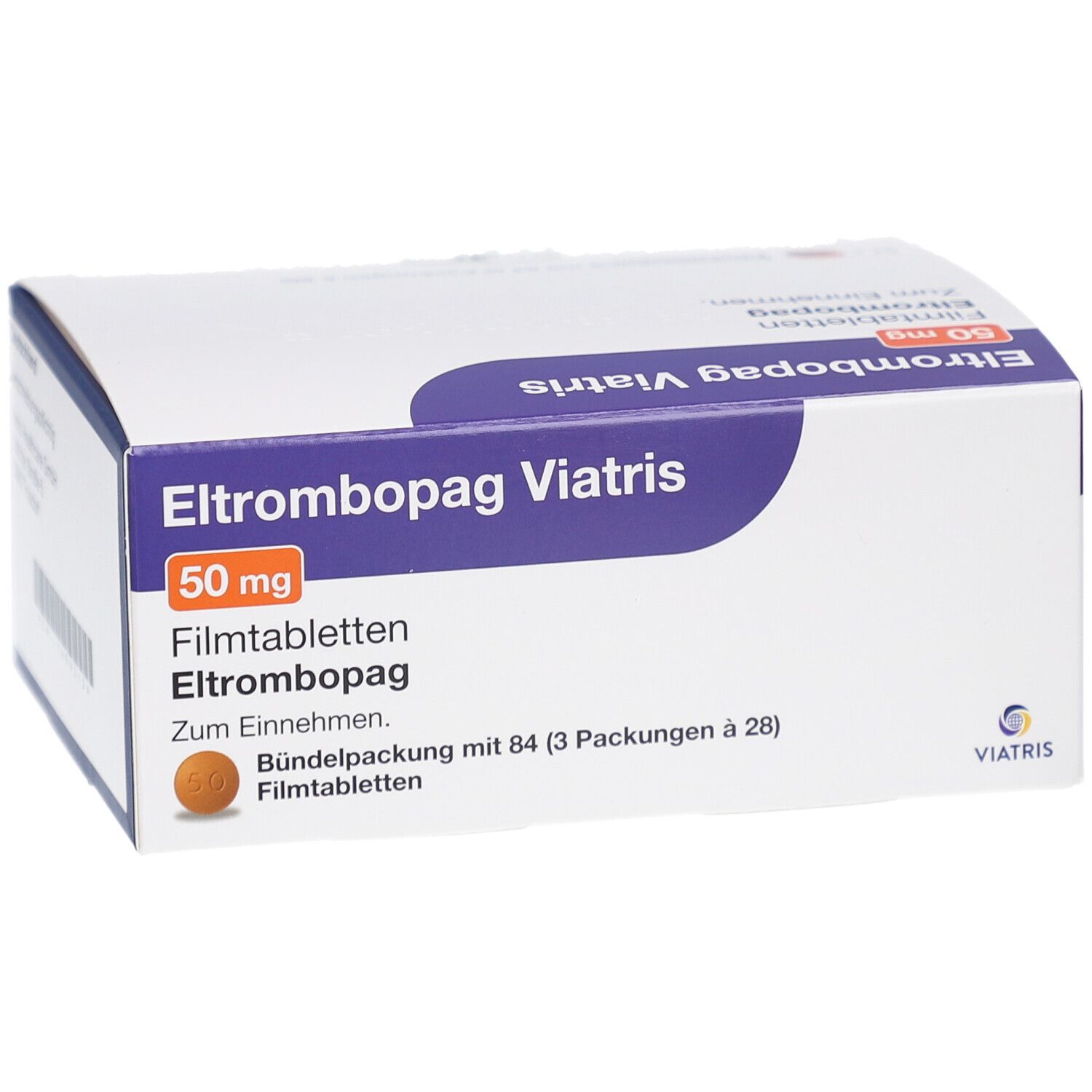 Schachtel mit ELTROMBOPAG Viatris 50 mg Filmtabletten. Aufschrift: Eltrombopag Viatris, 50 mg, Filmtabletten. Packung mit 84 Tabletten.