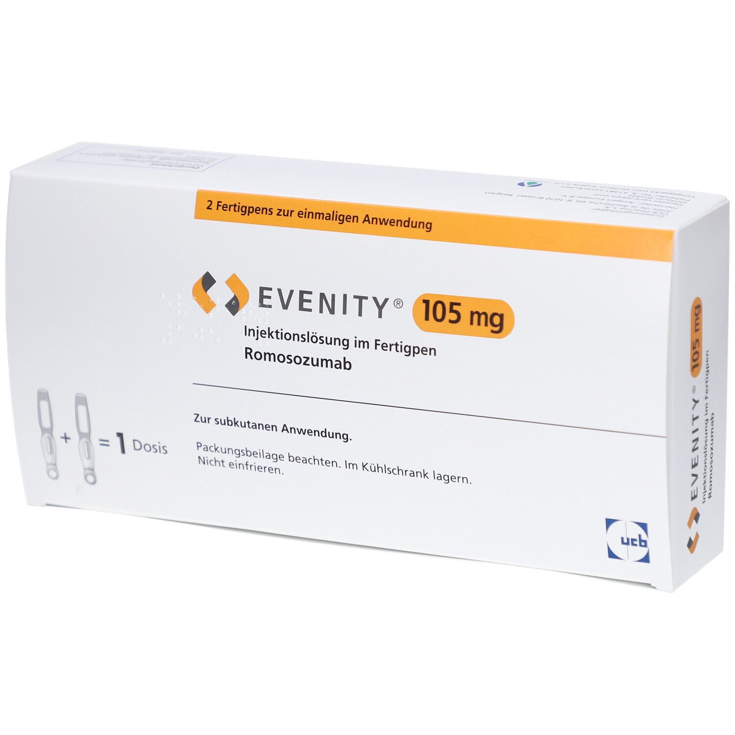 Weißer Karton mit EVENITY 105 mg Aufdruck. Enthält zwei Fertigpens. Text: Injektionslösung im Fertigpen, Romosozumab.