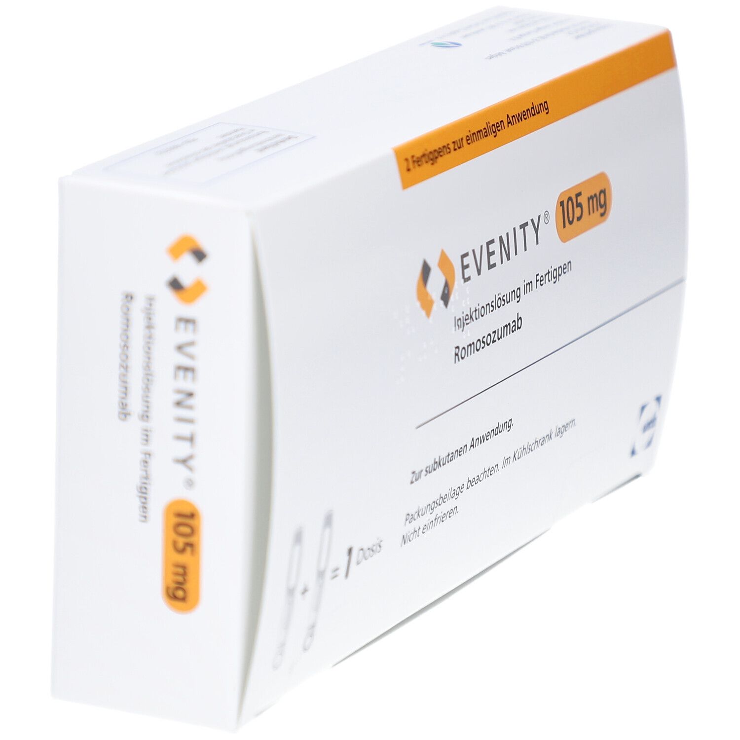 Schräg gestellte weiße Kartonverpackung mit EVENITY 105 mg Aufdruck. Enthält zwei Fertigpens. Text: Injektionslösung im Fertigpen.