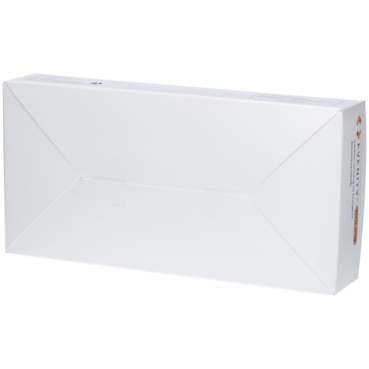 Weiße Kartonverpackung, Ansicht von oben. Keine Produktinformationen sichtbar.