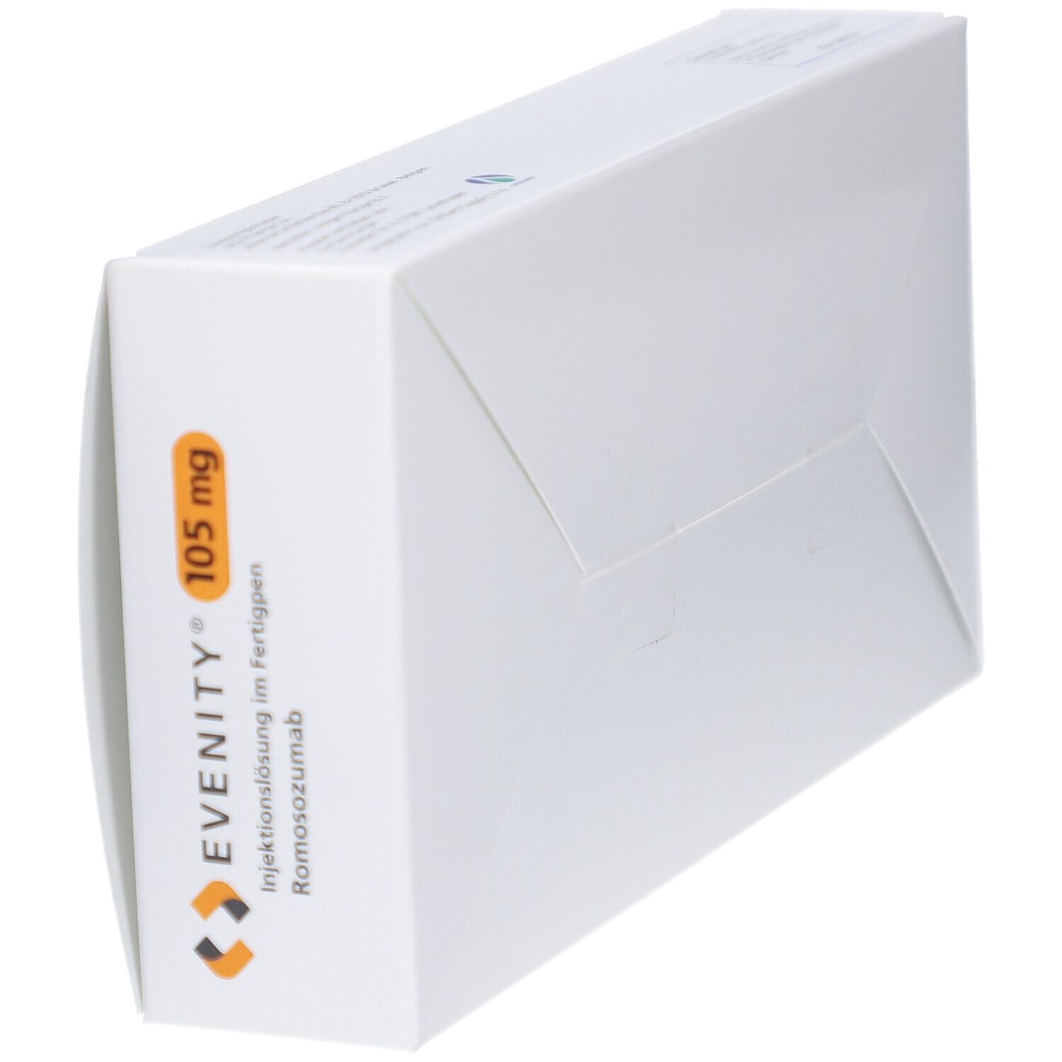 Schräg gestellte weiße Kartonverpackung mit EVENITY 105 mg Aufdruck. Text: Injektionslösung im Fertigpen, Romosozumab.