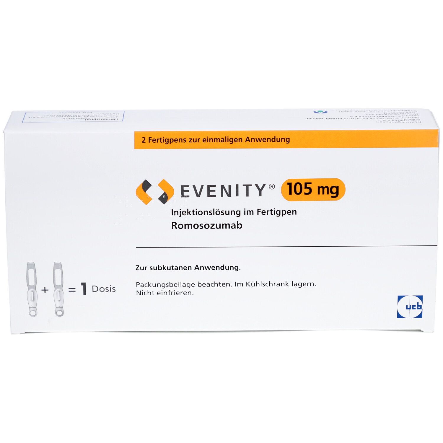 Weißer Karton mit EVENITY 105 mg Aufdruck. Enthält zwei Fertigpens. Text: Injektionslösung im Fertigpen, Romosozumab.