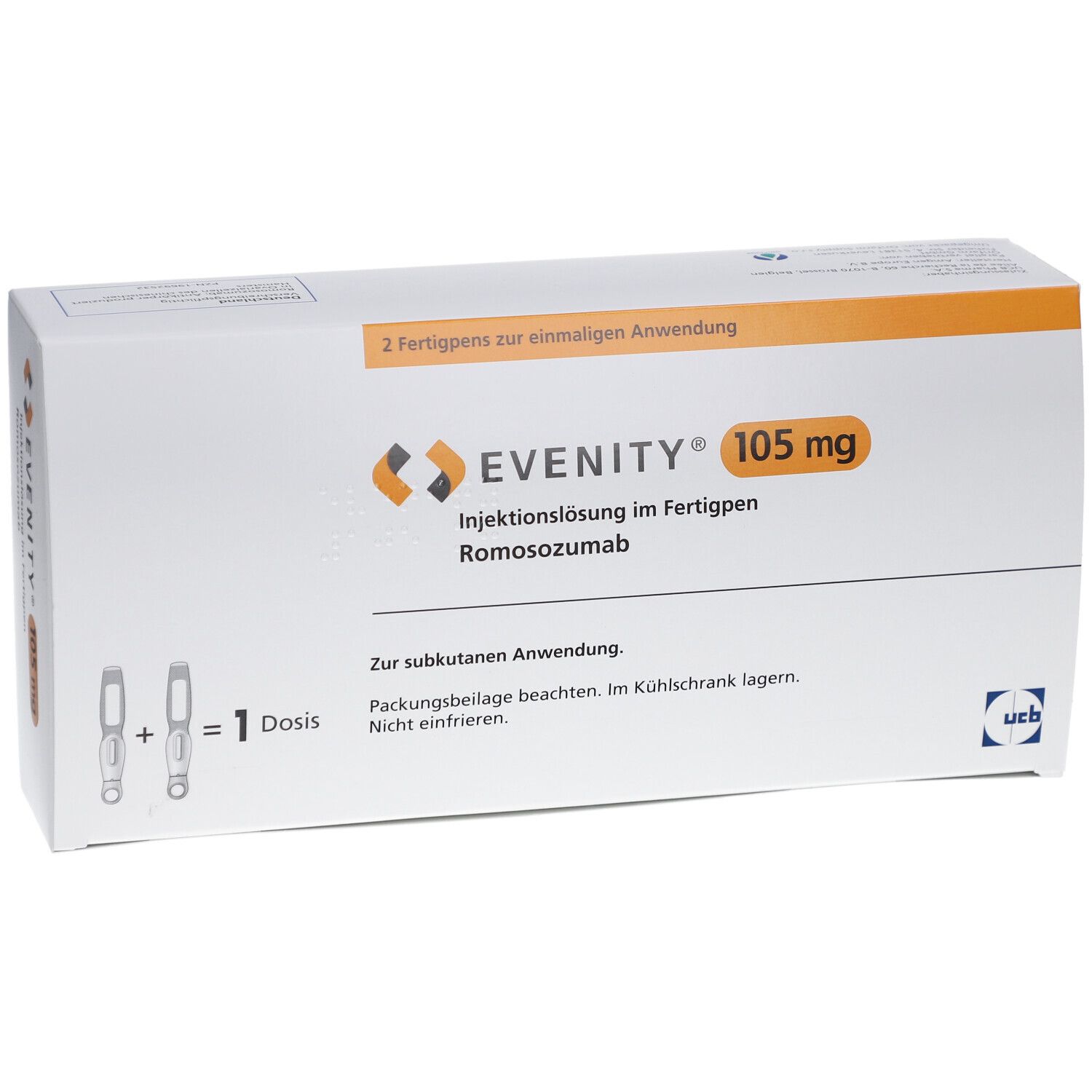 Weißer Karton mit EVENITY 105 mg Aufdruck. Enthält zwei Fertigpens. Text: Injektionslösung im Fertigpen, Romosozumab.