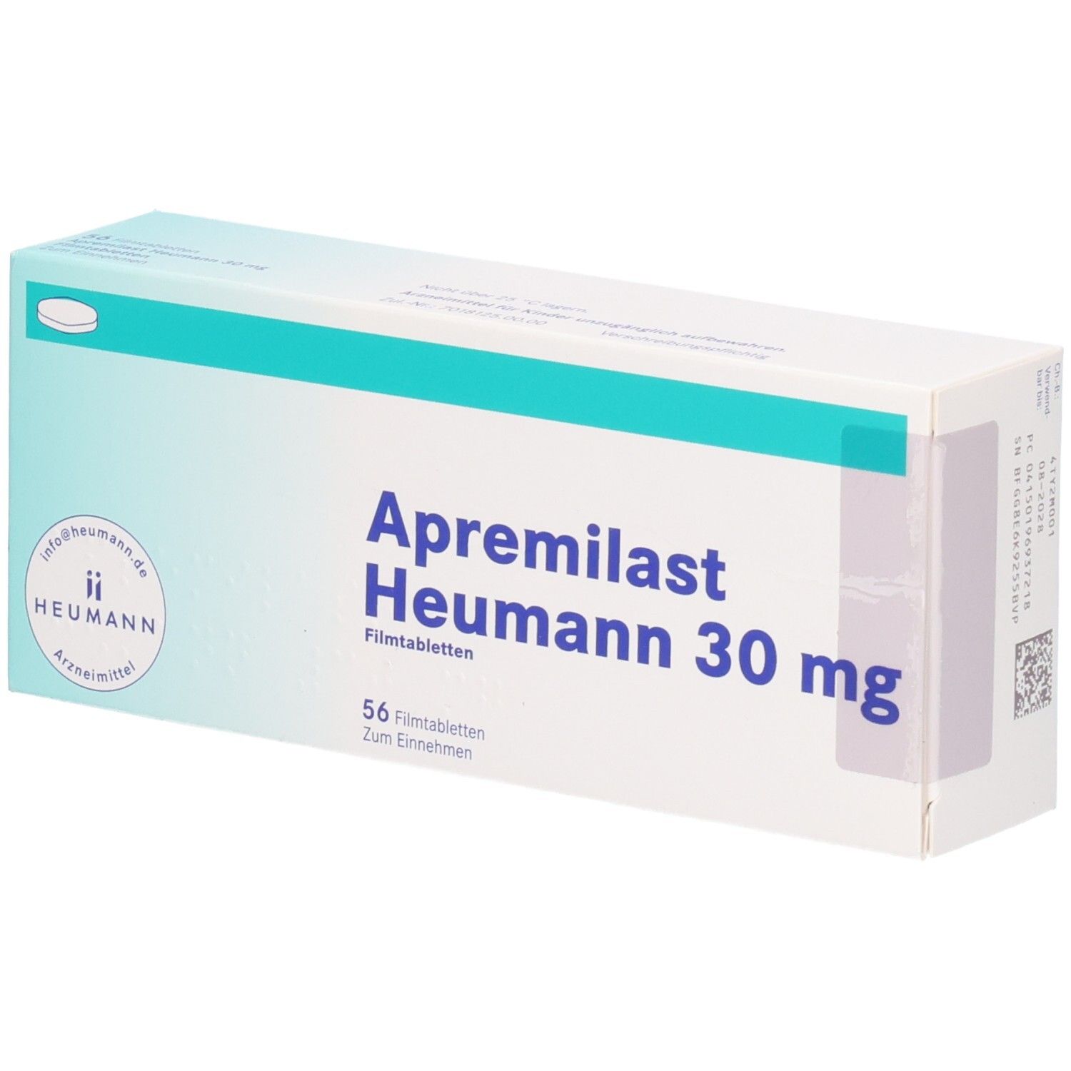 Schachtel mit APREMILAST Heumann 30 mg Filmtabletten. Aufschrift: 56 Filmtabletten. Marke Heumann.