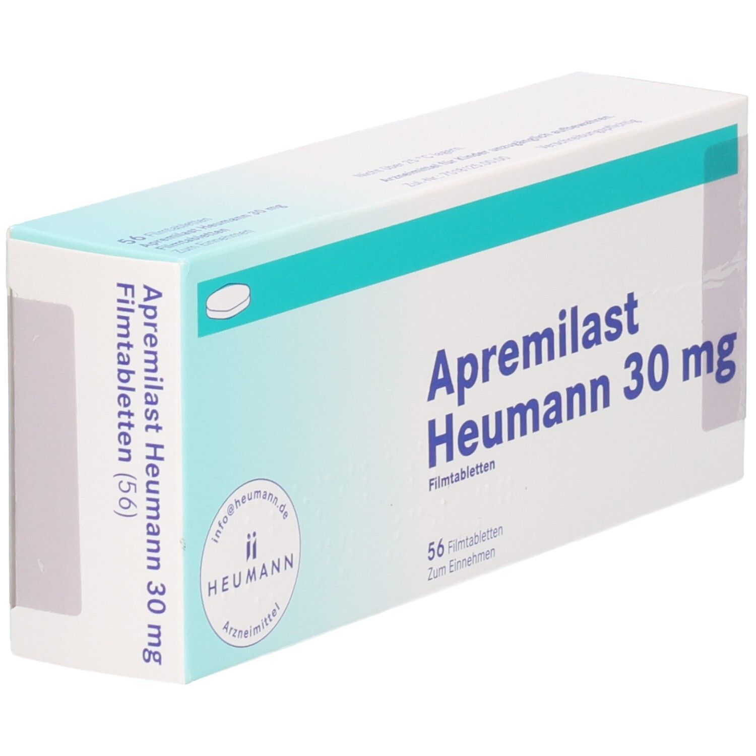 Schachtel mit APREMILAST Heumann 30 mg Filmtabletten. Aufschrift: 56 Filmtabletten. Marke Heumann.