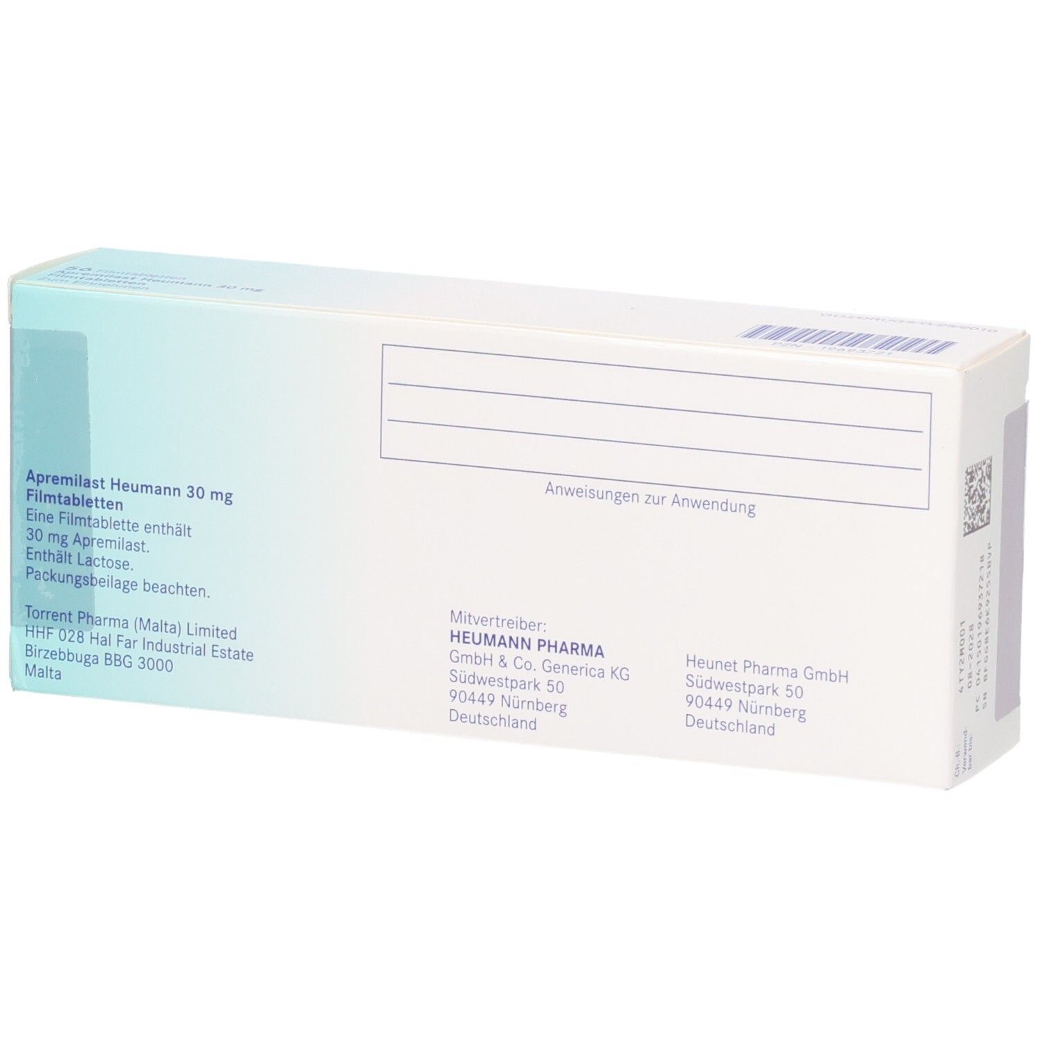 Rückseite der Schachtel mit APREMILAST Heumann 30 mg Filmtabletten. Text und Adressen.