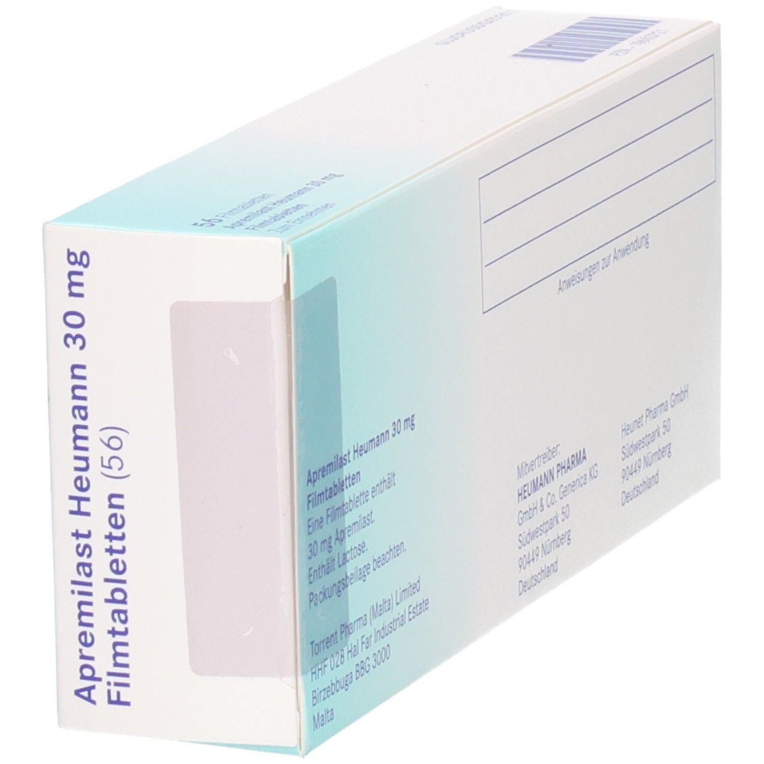 Schachtel mit APREMILAST Heumann 30 mg Filmtabletten. Aufschrift: 56 Filmtabletten. Marke Heumann.
