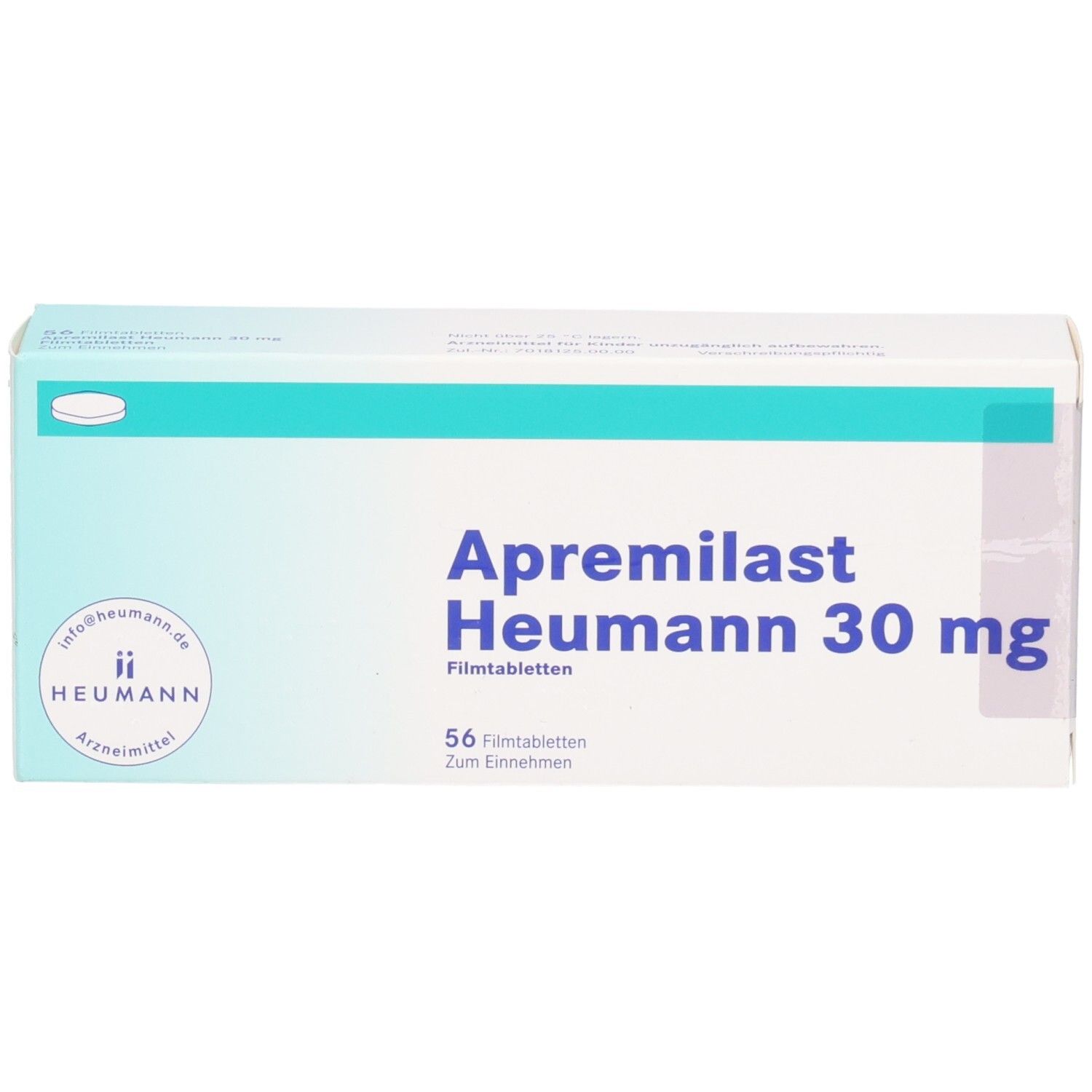 Schachtel mit APREMILAST Heumann 30 mg Filmtabletten. Aufschrift: 56 Filmtabletten. Marke Heumann.