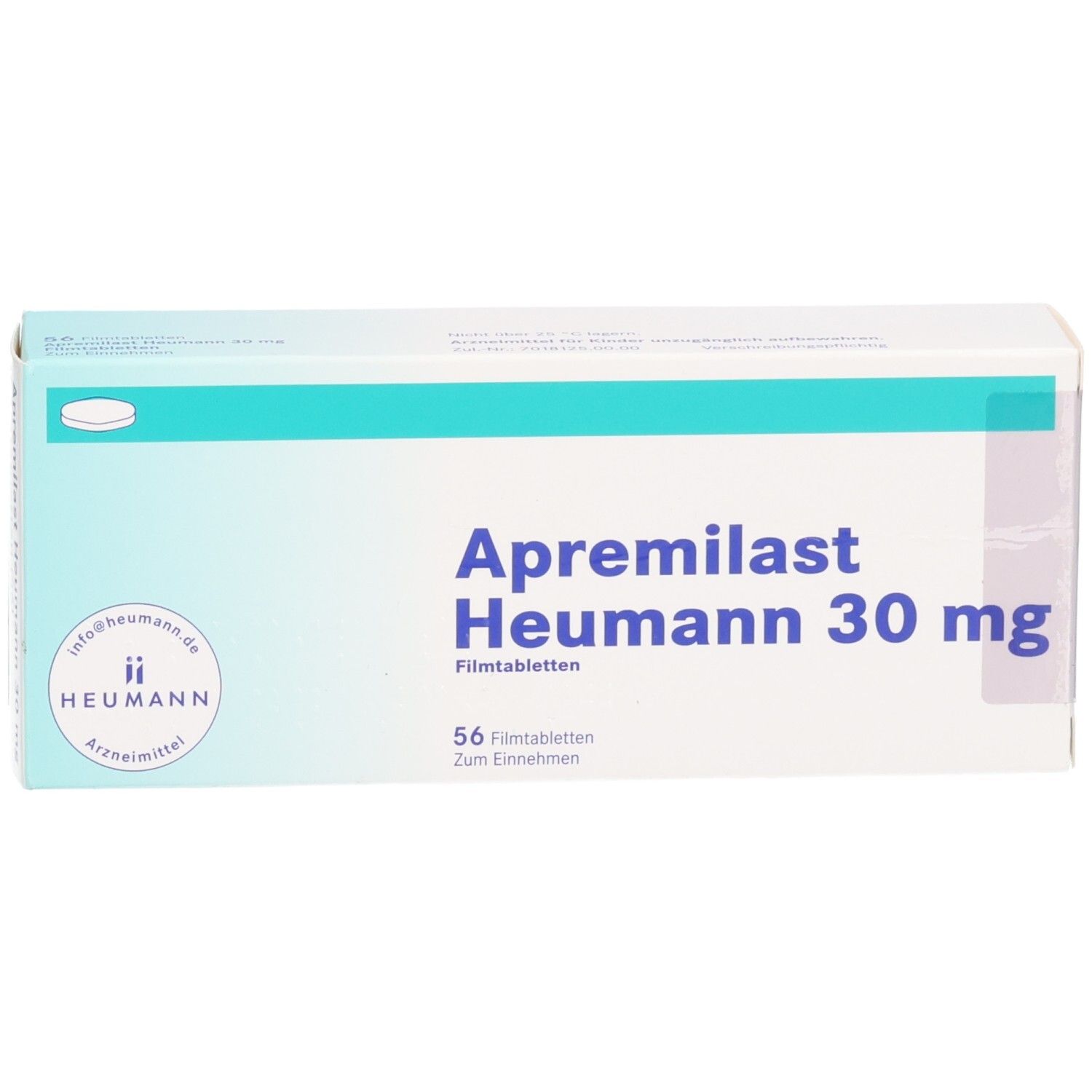 Schachtel mit APREMILAST Heumann 30 mg Filmtabletten. Aufschrift: 56 Filmtabletten. Marke Heumann.