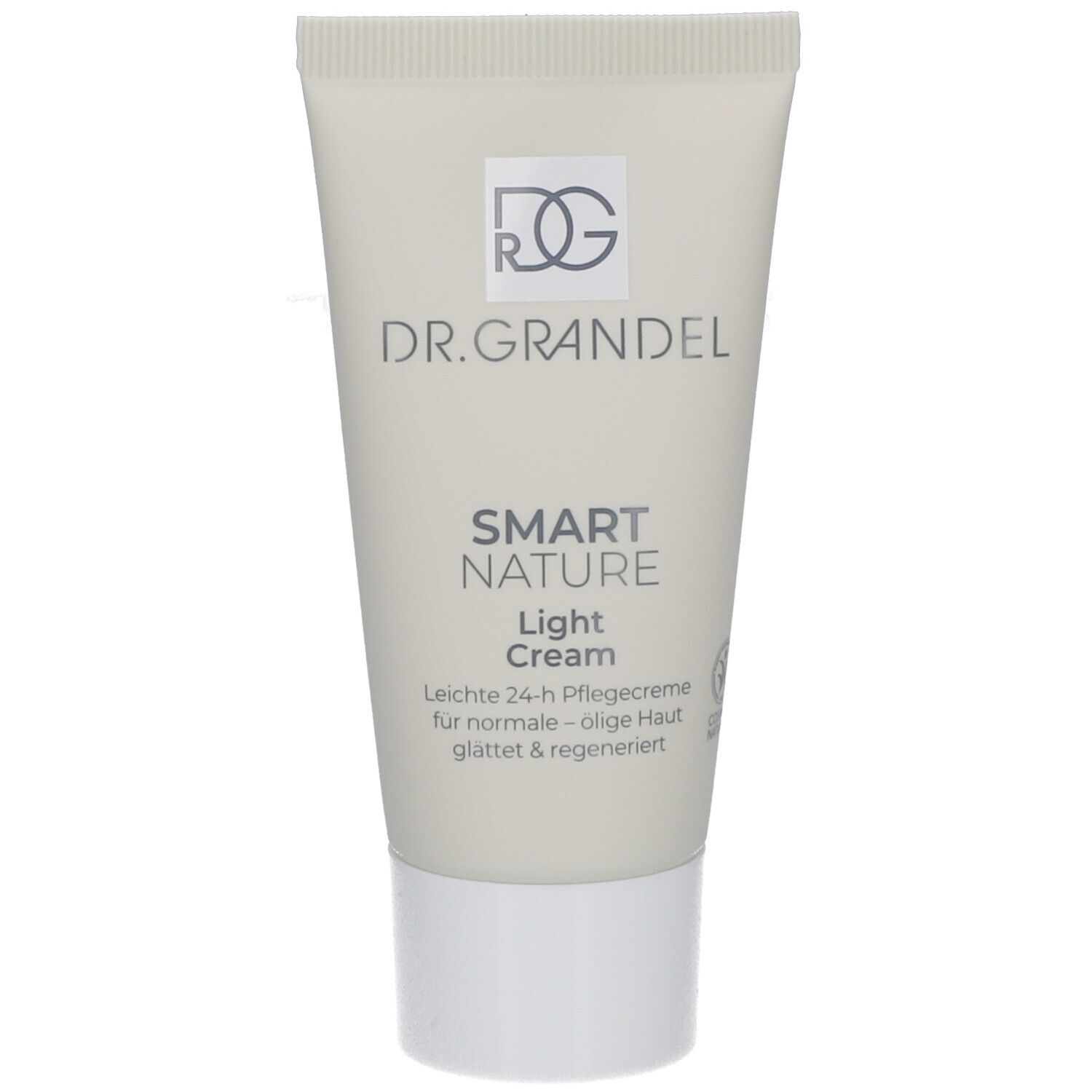 Creme-Tube, hellgrau, mit weißem Deckel. Aufschrift: DR. GRANDEL, SMART NATURE Light Cream. Leichte 24-h Pflegecreme.