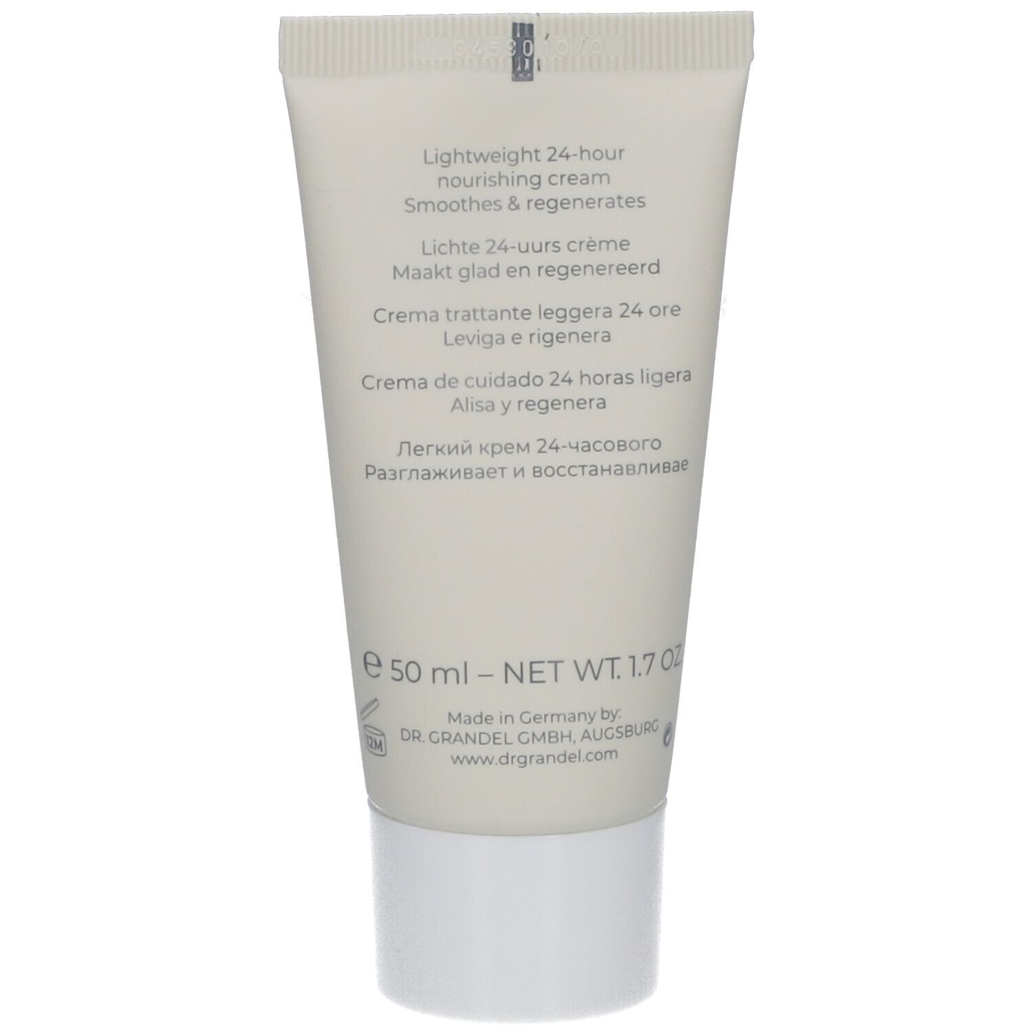 Rückseite der Creme-Tube. Aufschrift: Lightweight 24-hour nourishing cream. Lichte 24-uurs crème. Crema trattante leggera 24 ore.