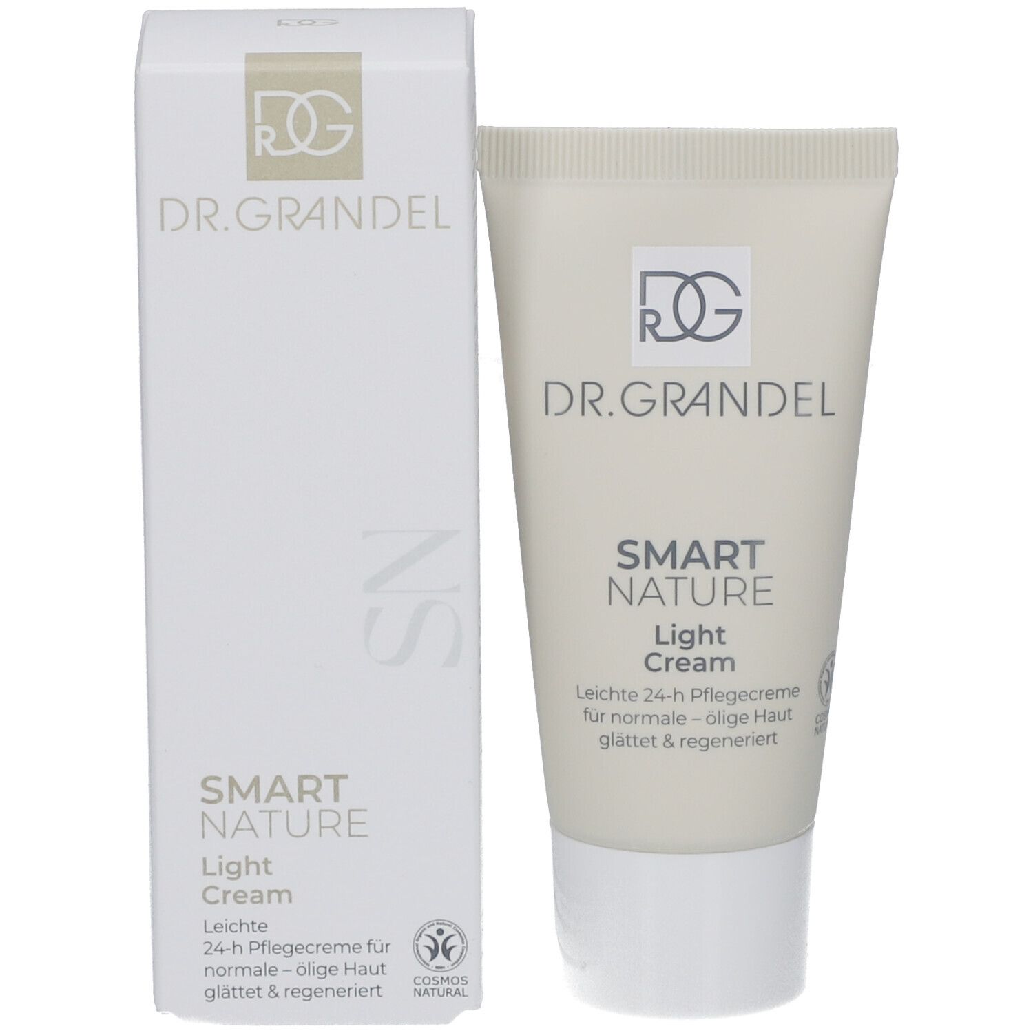 Produktverpackung mit Creme-Tube. Karton und Tube mit Aufschrift: DR. GRANDEL, SMART NATURE Light Cream. Mit Cosmos Natural Siegel.
