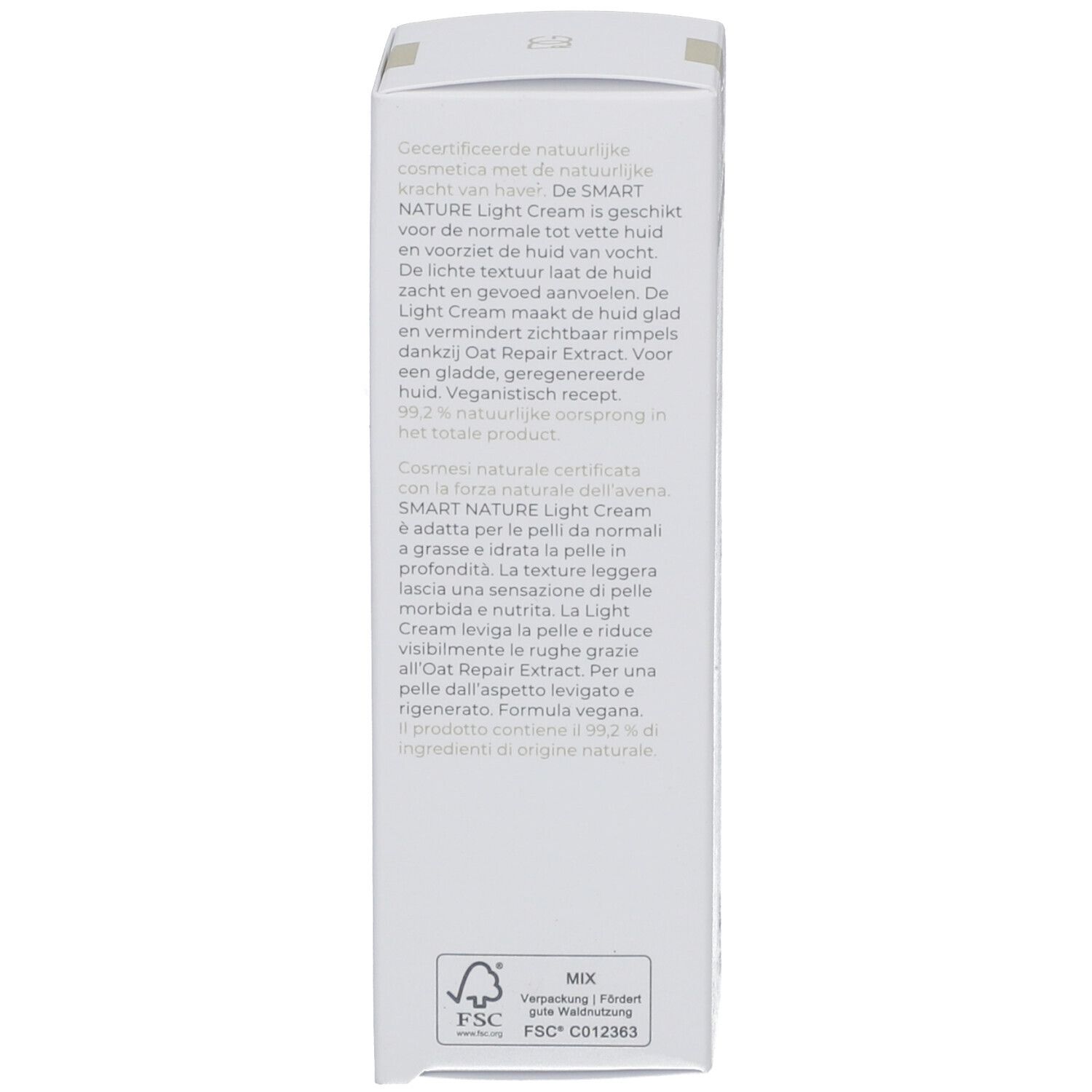 Rückseite der Produktverpackung. Text in mehreren Sprachen. FSC-Siegel und Mix-Siegel. Vegan.