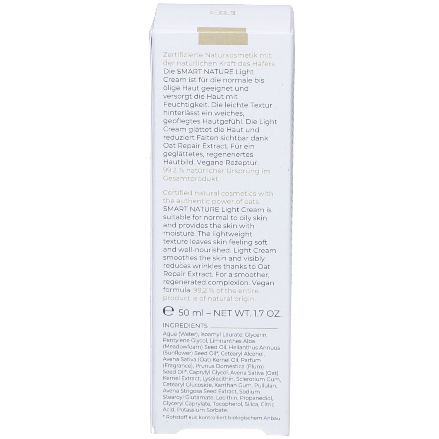Rückseite der Produktverpackung. Text in mehreren Sprachen. Inhaltsstoffe. Vegan. 50 ml.