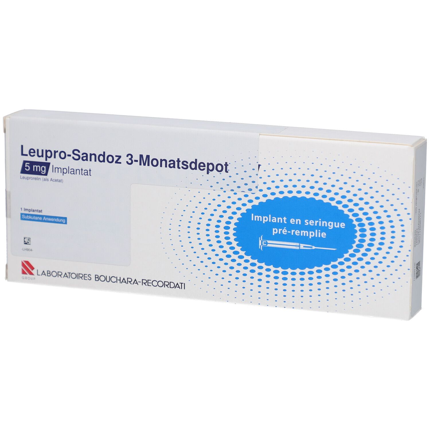 Schachtel LEUPRO-Sandoz 3-Monatsdepot 5 mg Implantat. Blaue Grafik mit Spritze. Text: Implantat en seringue pré-remplie.